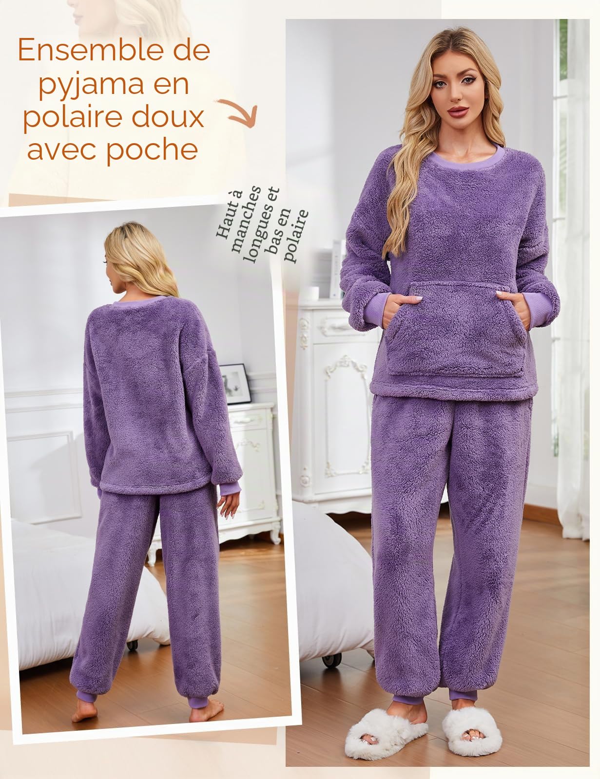 UMIPUBO Pyjama Femme Hiver Pilou Polaire Ensembles de Pyjamas Chaud Flanelle Vêtements de Nuit Manche Longue Haut et Pantalon avec Poches Doux Chic Coupe Ample Sleepwear Loungewear Noel