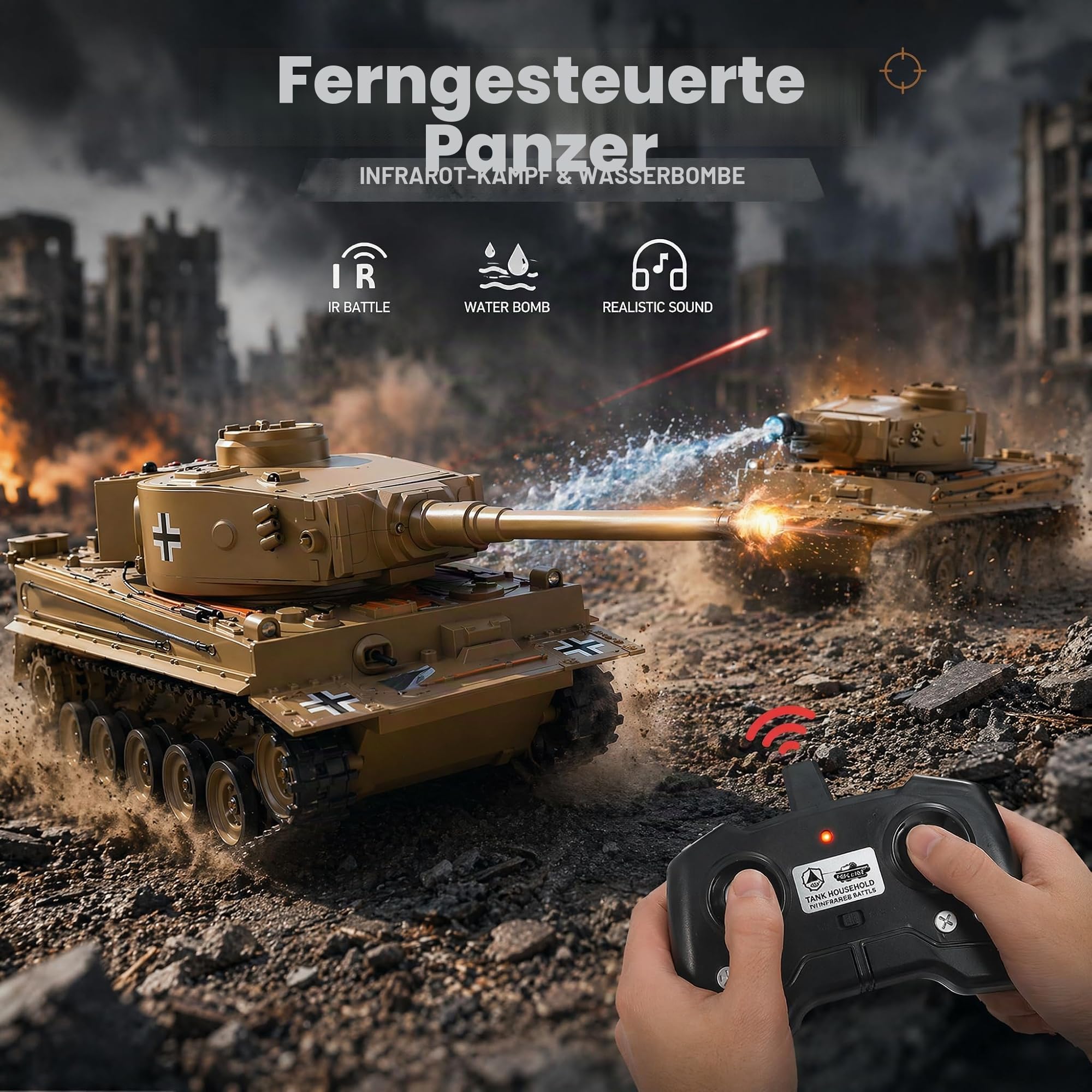 RC Panzer, 1:22 Modell Bausatz Set Projekt Geschenkset | Ferngesteuerter Panzer: Infrarot-Spielmodus, Wasserperlen-Werfer, Rauch, Sound und 2.4G-Steuerung; Outdoor-Fahrten
