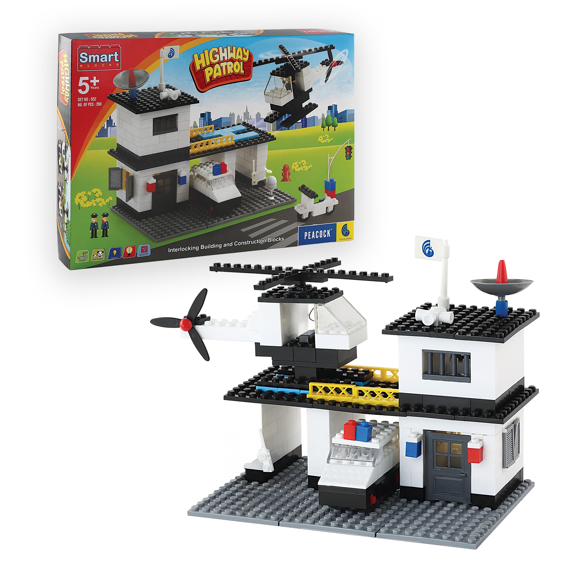 Peacock Toys & Games Highway Patrol Building Blocks Set | 260 Piece | Interlocking Construction Toy for Kids | Construction Toy with Helicopter, Police Station & Vehicles | Toy for Kids 5+ Years
