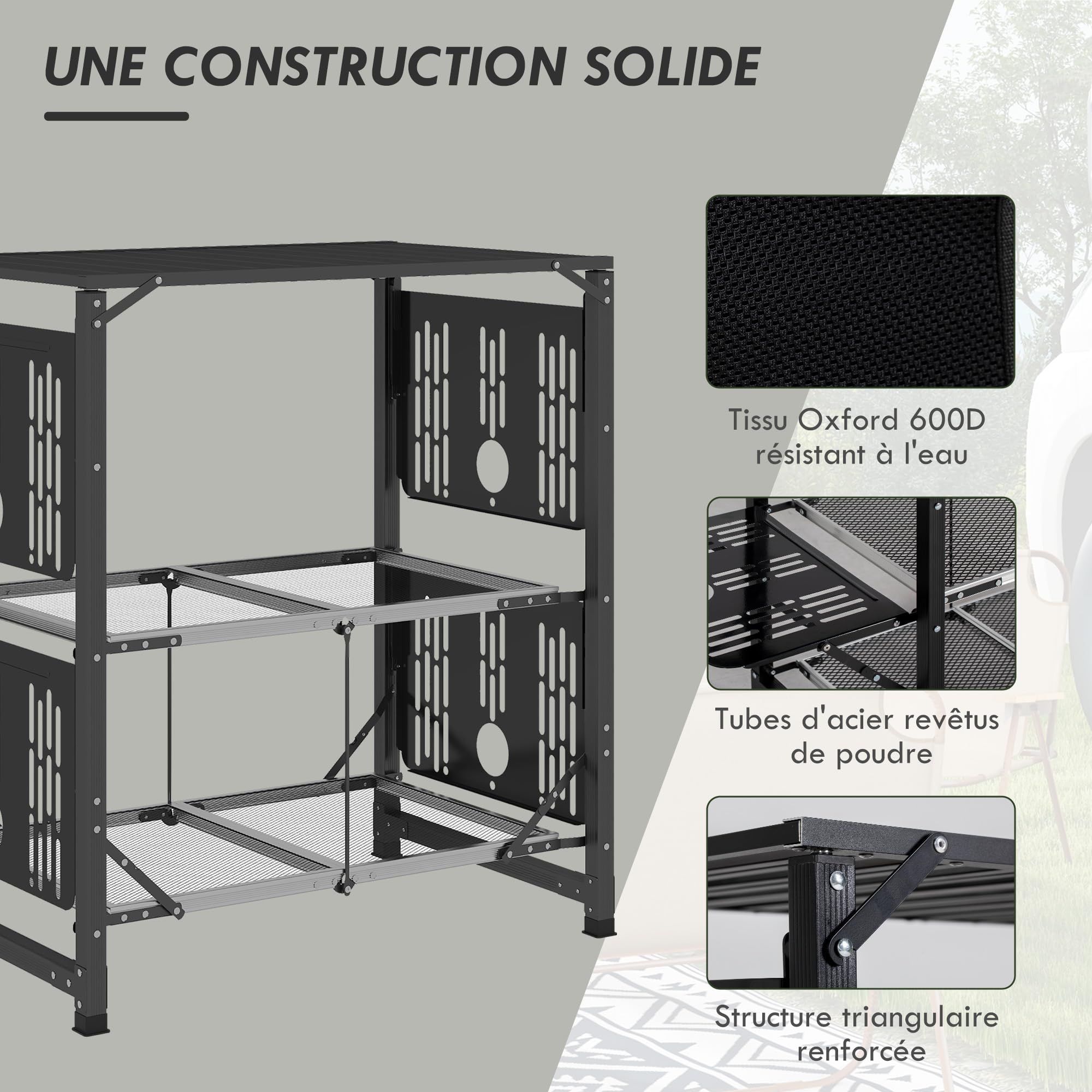 Outsunny Cuisine de Camping Table de Camping Pliante en Acier et Aluminium, avec Sac de Transport, 2 tablettes rabattables, 2 étagères et Porte-gobelets, dim. 126L x 46l x 81H cm
