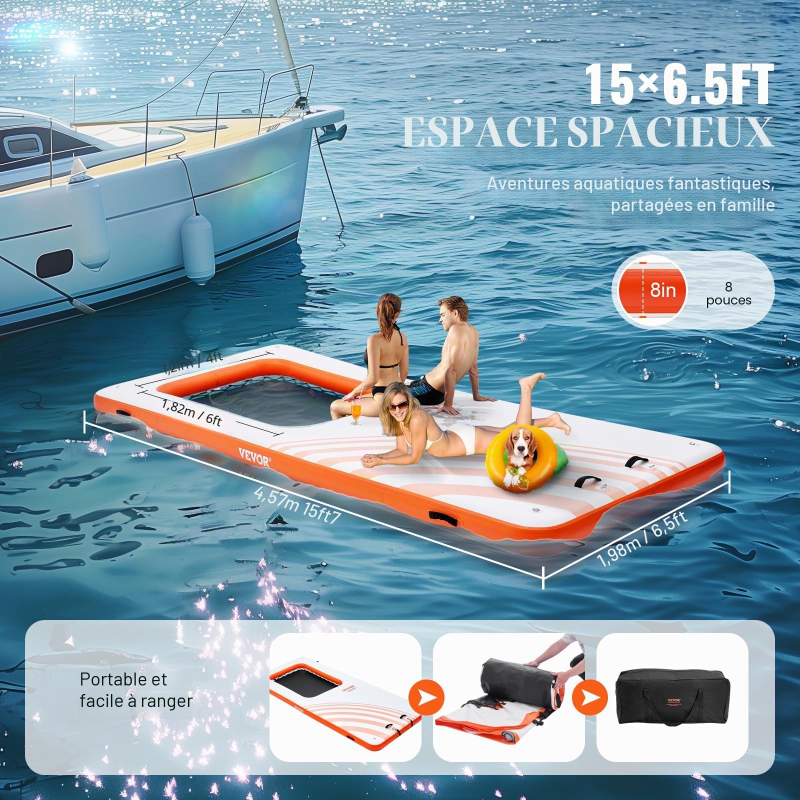 VEVOR Quai flottant gonflable, 4,57 x 1,98 m plate-forme de quai gonflable avec piscine maille 1,21 x 1,82 m, tapis d'eau antidérapante avec sac portable et échelle amovible pour détente piscine plage