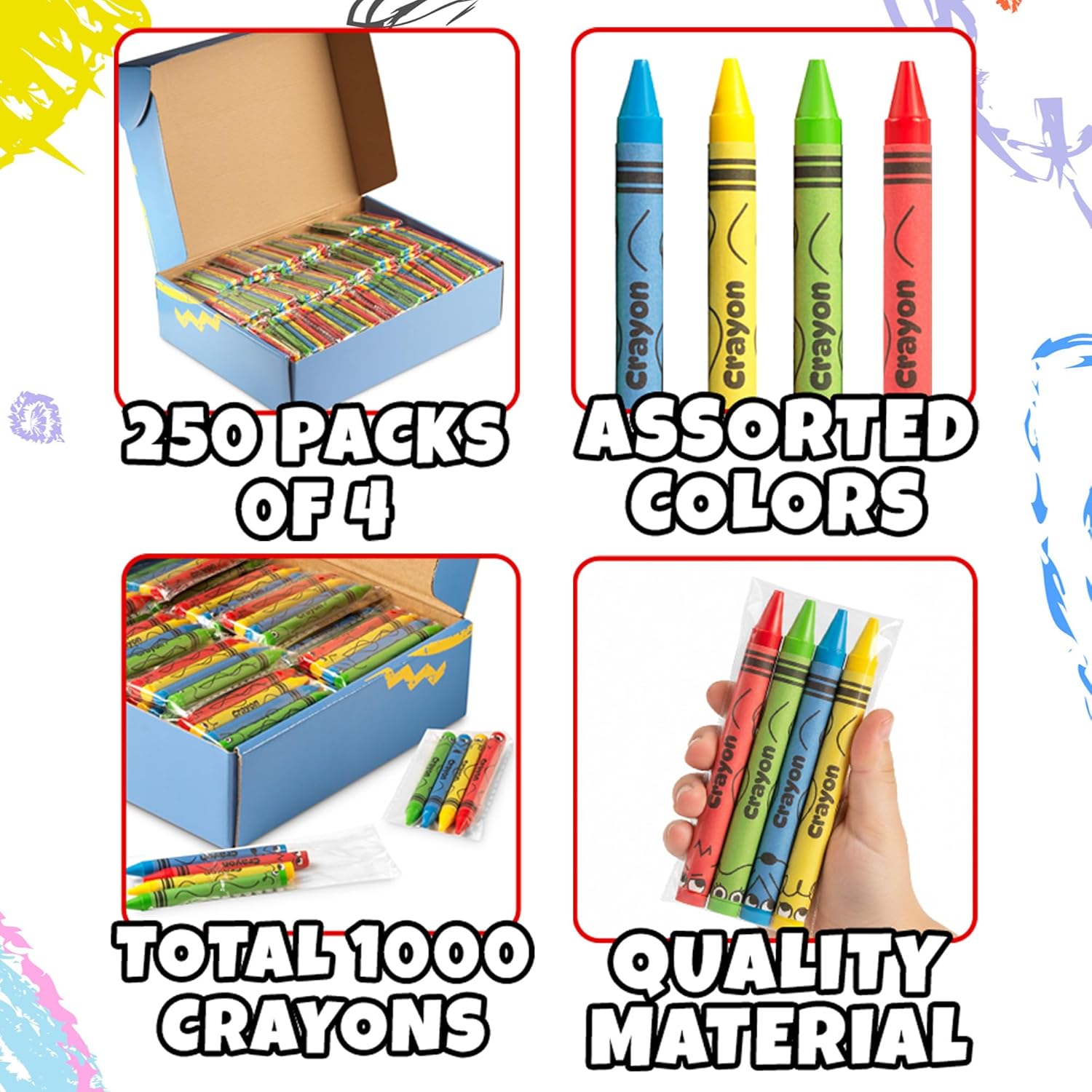 Bulk Crayons 1000 Pack (250 Sets of 4) - Individually Wrapped Crayons Party Favors for Kids, Restaurants, Classrooms, Birthday Goodie Bags, School Supplies, Travel, Toddler Coloring Fun, Non-Toxic Wax