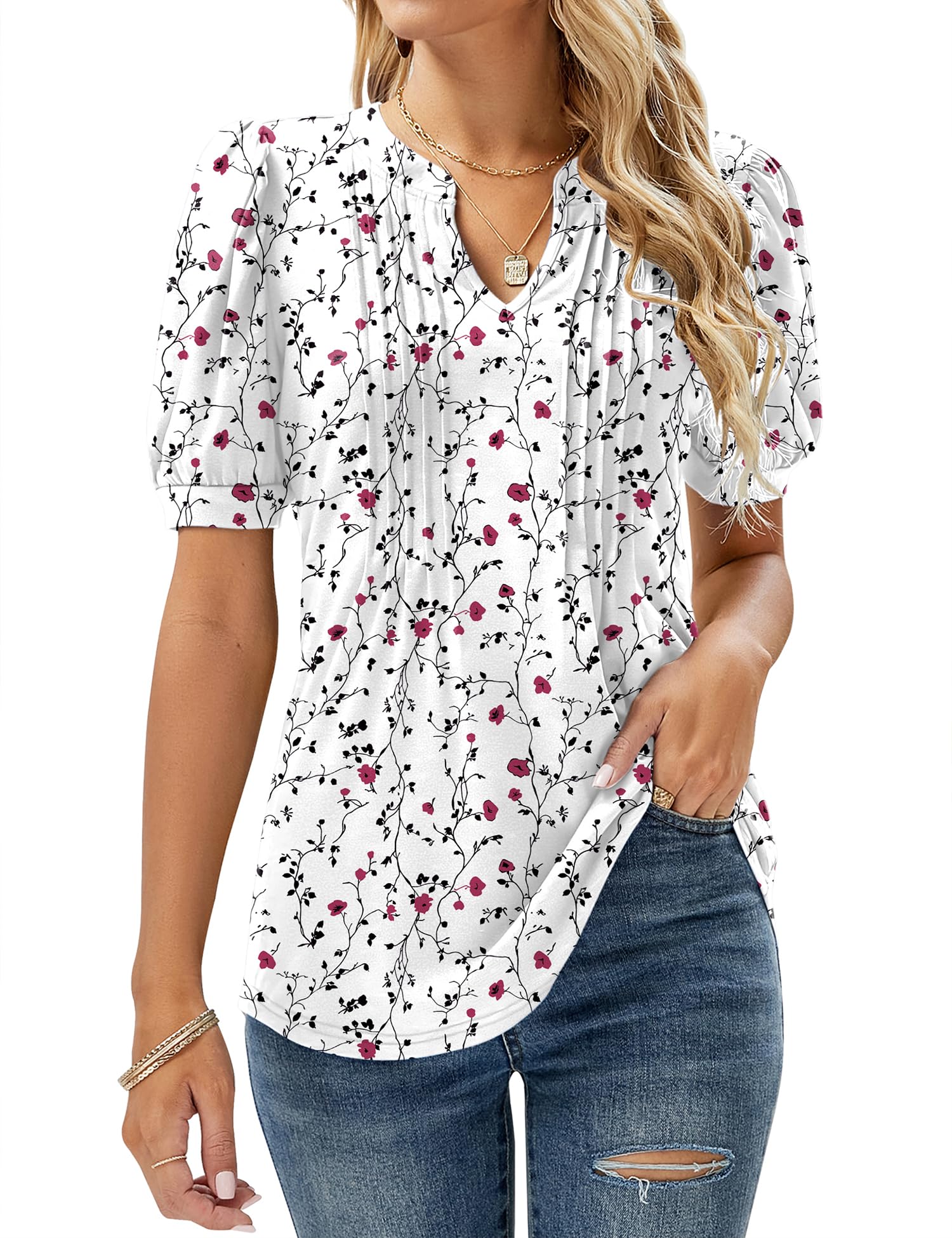 Womens V Neck Tops Puff Short Sleeve T-Shirt Pleated Floral Printed Tunic Blouse Shirts — view 36