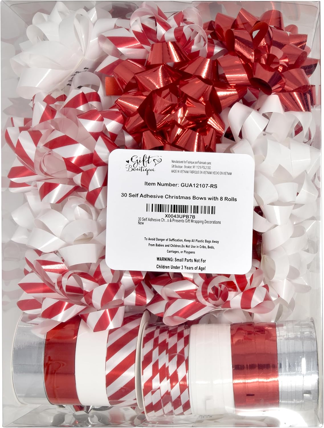 Christmas Curling Ribbon & Bow Set – 30 Self-Adhesive Bows with 4 Rolls of Red, Silver & White Ribbons for Gift Wrapping and Holiday Decorations