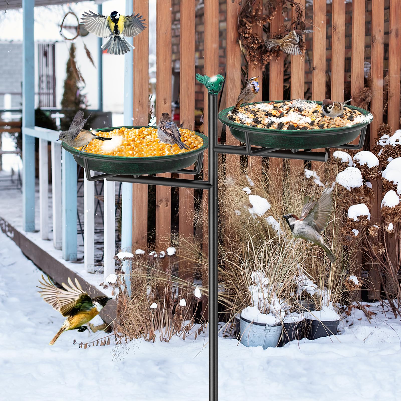 Vogeltränke Vogelbad Schale Stehend, 2-in-1 Vogelbad für Draußen Garten mit Doppelbecken für Wasser und Futter, Metall Vögel Vogelbecken für Gartendeko (Altgrün)