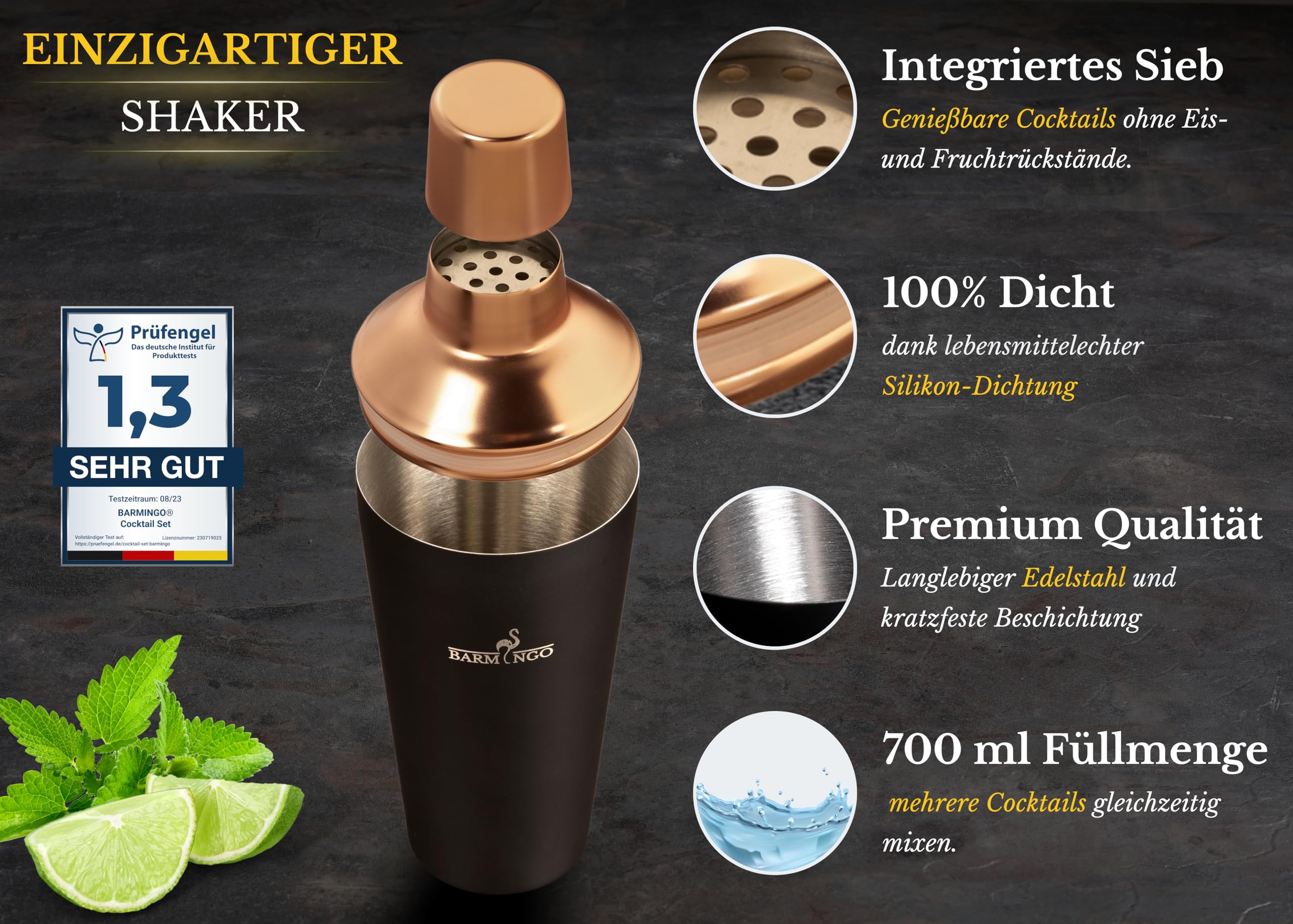 Set da cocktail in acciaio inox, 11 pezzi, 700 ml, con supporto e accessori da bar, set shaker per cocktail, set da barista, set da bar, set regalo, nero e oro rosa