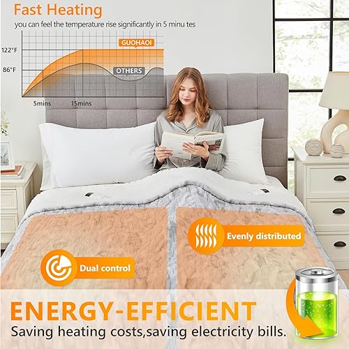 Miniatura 2 de Guohaoi Manta de calentador eléctrico tamaño Queen con control dual de 90 x 90 pulgadas, calentamiento rápido de 10 velocidades, 12468 horas de