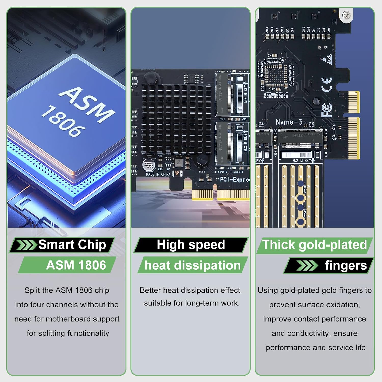 PCIe 2.0 x4 to M.2 Adapter Card, 4-Port Slot NVMe SSD Expansion Card, Support 4X M.2 NGFF SSDs at Full Speed,PCIe Expansion Card for PCI-EX4X8X16(10Gbps)
