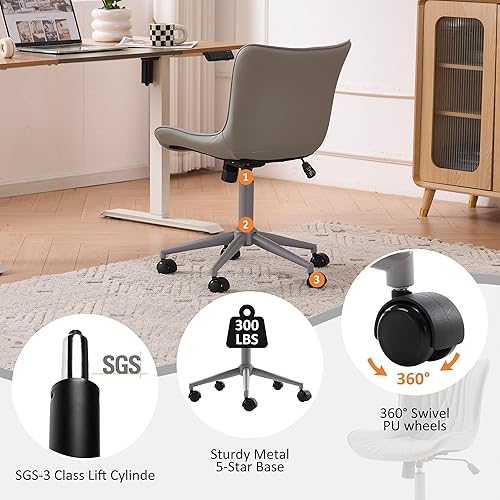 Miniatura 24 de YOUTASTE Silla de oficina marrón, moderna silla de escritorio sin brazos con respaldo, silla giratoria ajustable de piel sintética con ruedas, base