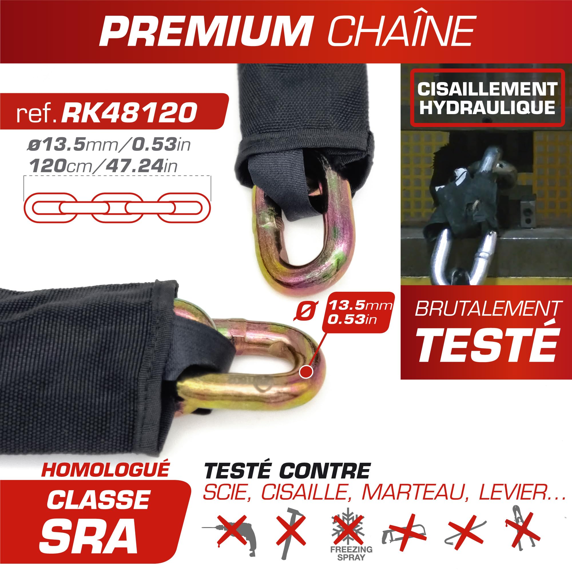 RADIKAL RK48120 Antivol Moto Homologué SRA, Sécurité Premium, Mini U 18mm Chaîne Acier Cémenté 13,5mm Testée contre Sciage Coupe-Boulons, Multifonction Bloque Disque/Chaîne 120cm pour Ancrage Garage