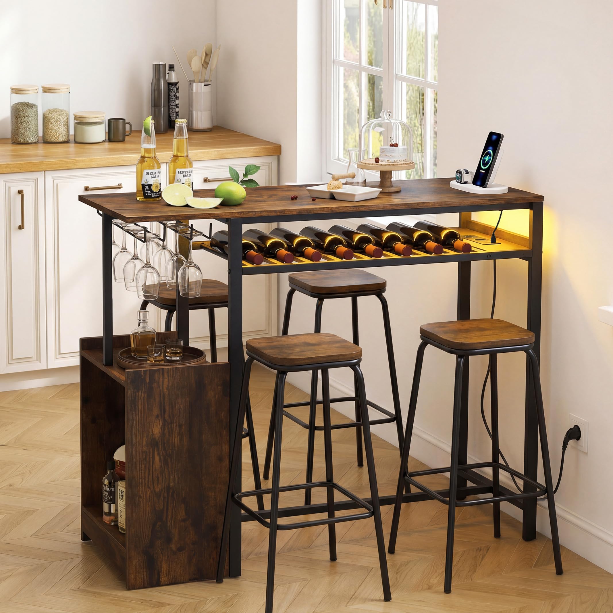 COSTWAY Tavolo da Bar con Luce Regolabile, Tavolino Alto con Stazione di Ricarica, Portabottiglie e Portabicchieri, Tavolino da Cucina per Soggiorno e Sala da Pranzo, 110 x 40 x 92 cm