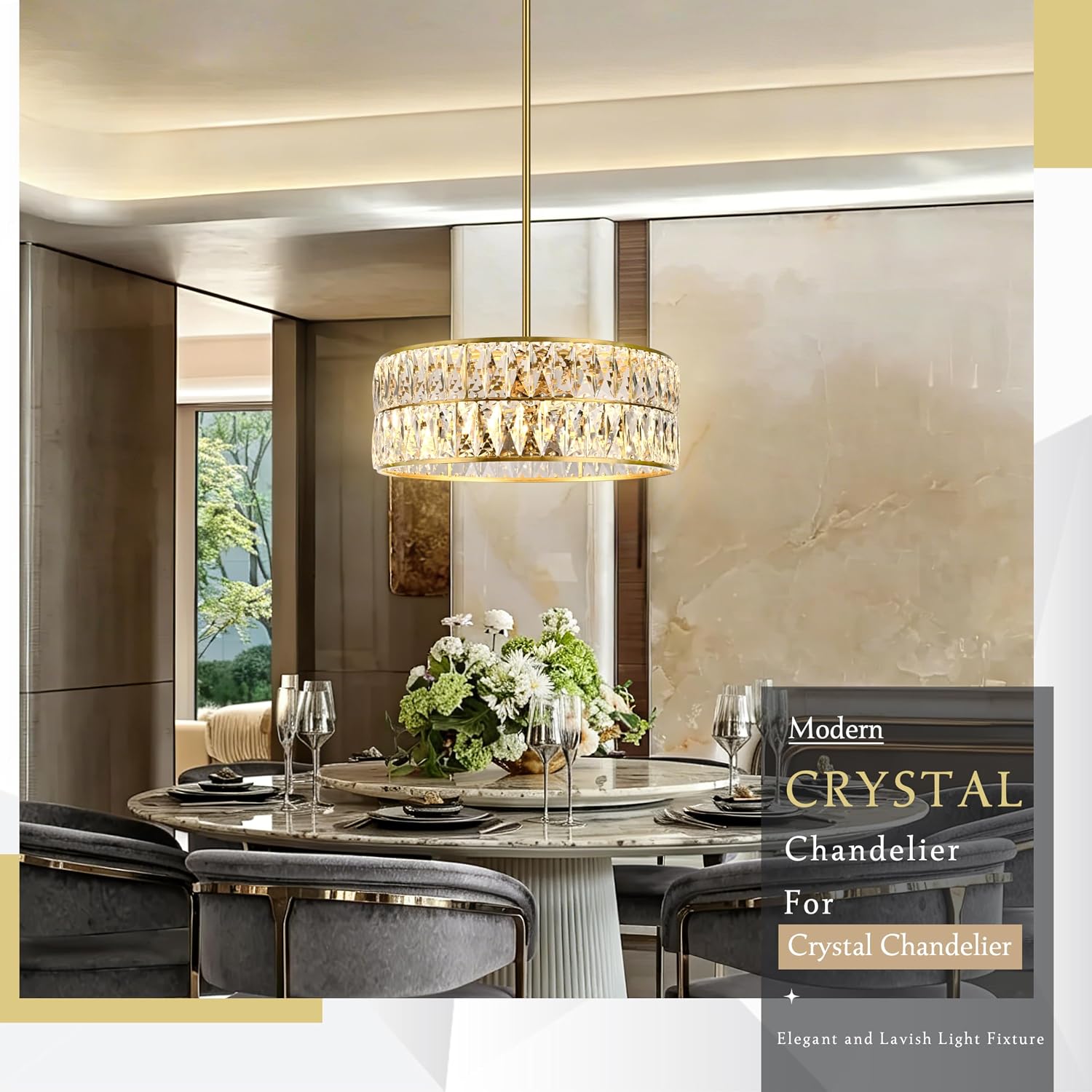 18" Modern Crystal Pendant Light Contemporary Round Pendants Lights Brushed Gold Drum Shade Crystal Chandelier Adjustable Crystals Light Fixture for Living Room Dining Room Foyer