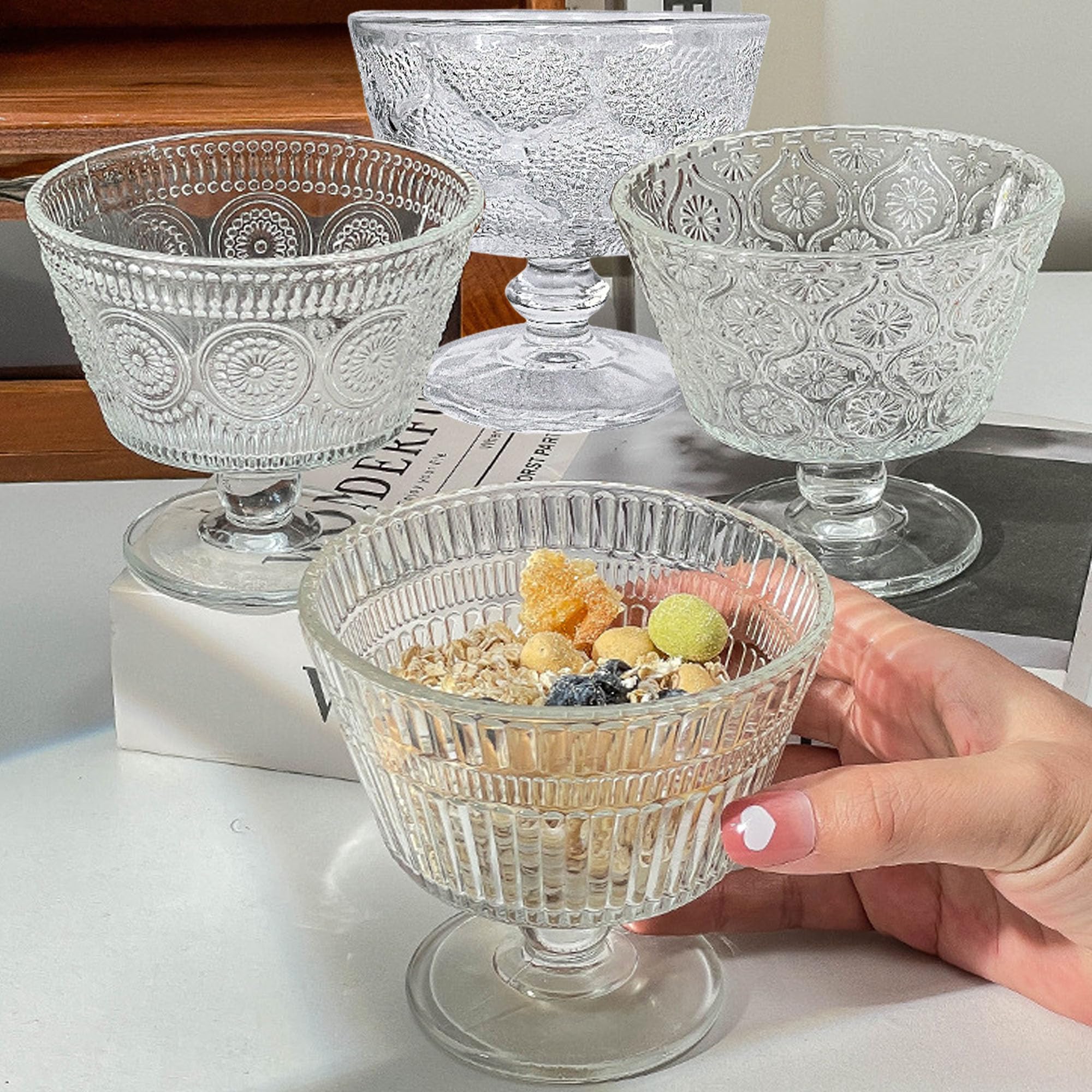 Set di 4 Coppe Da Gelato In Vetro Trasparente, Coppette Riutilizzabili Per Macedonia, 260ml, 100% Senza Piombo, Bicchieri Da Dessert Con Piedi, Per La Casa, Il Ristorante, Feste (Stile 2)