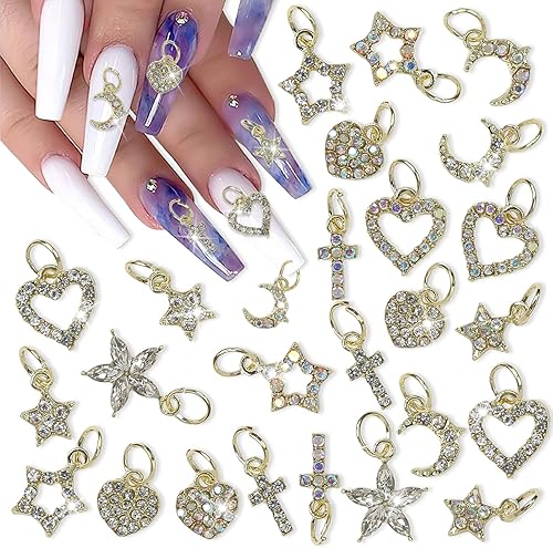 26 dijes de uñas de corazón, cruz, luna y estrella, para uñas, dijes de uñas doradas 3D con diamantes de imitación iridiscentes transparentes,
