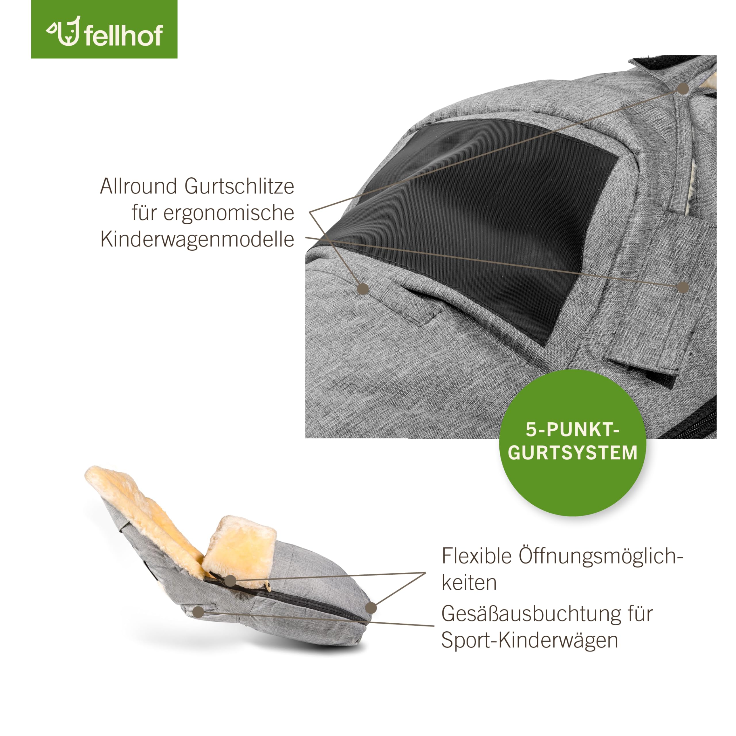 Fellhof ASPEN Lammfell Kinderwagen Fußsack | 50x98 cm | Merino-Lammfell | für ergonomische Buggys | wind- und wasserabweisend | graphit-melange (Vorgängermodell)