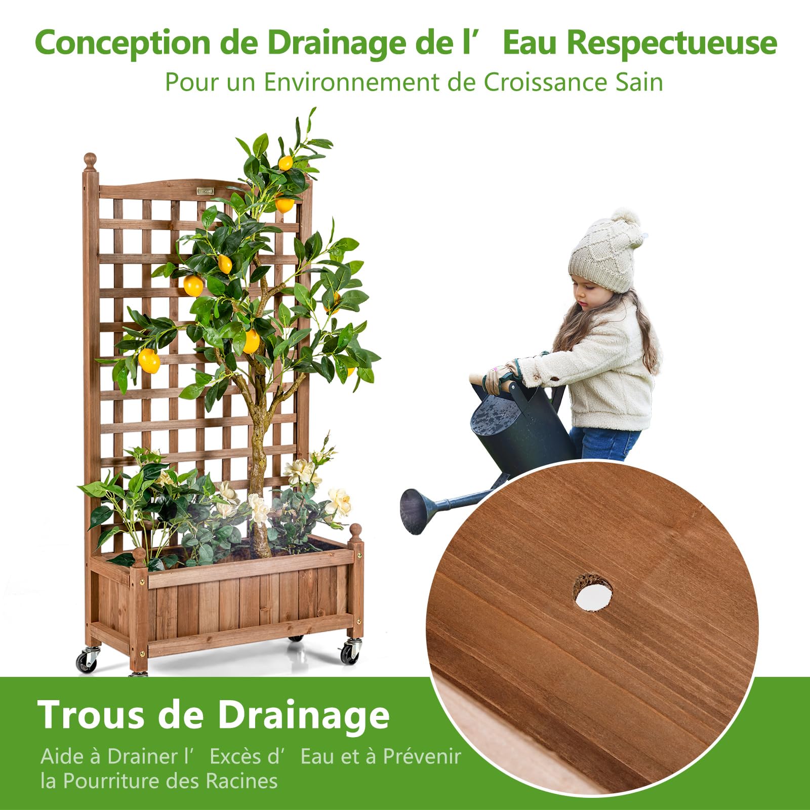 RELAX4LIFE Jardinière Treillis sur Roulette, Jardiniere Surélevée en Bois de Sapin pour Plantes Grimpantes, Bac à Fleurs avec Treillis, Résistant aux Intempéries pour Cour, Jardin, Balcon
