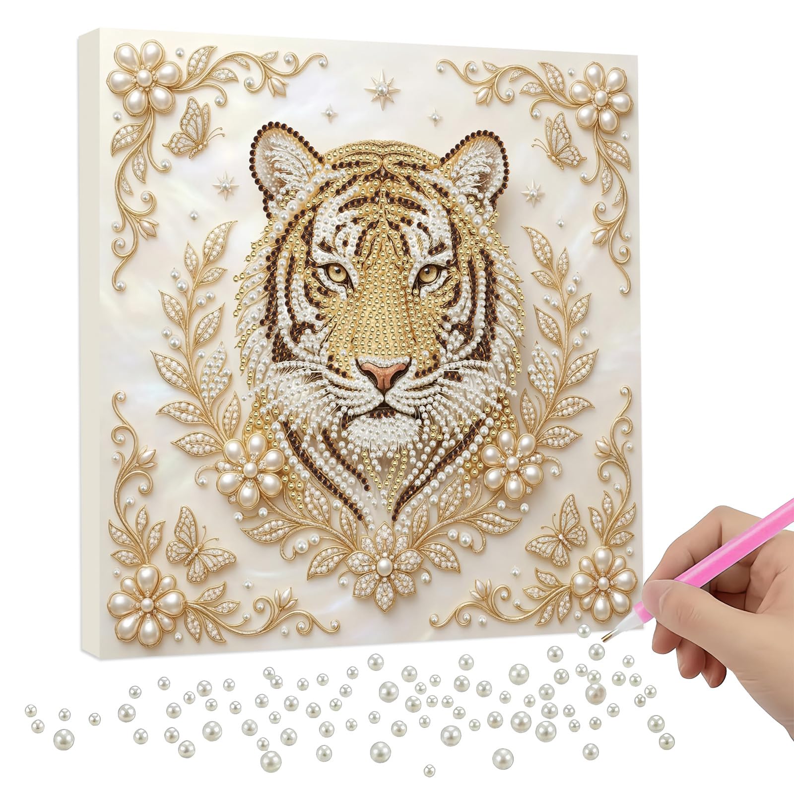 Lebartm DIY Pearl Painting Kit with Frame 9.84x9.84IN Twelve Zodiac Gemstone Diamond Dots Beads White Canvas Art Craft Display for Tabletop and Wall Mounting Home Decor-Tiger — image 1