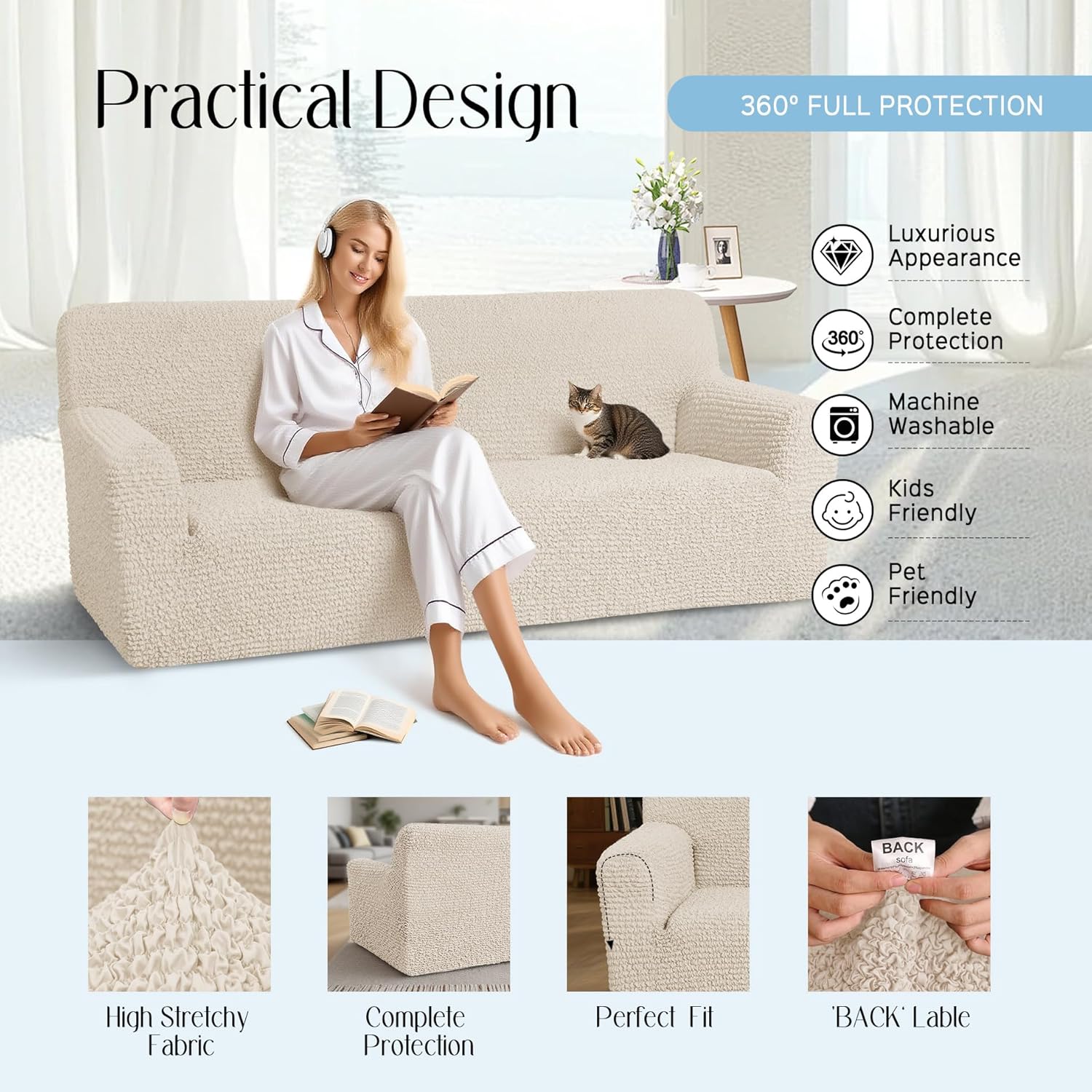 Super Stretch Couch Covers Solid Sofa Cover 3 Seater with Straps at the Bottom- Microfiber Fabric, Pet Kids Friendly Large Couch Protector for Living Room(Ivory, Large Sofa)