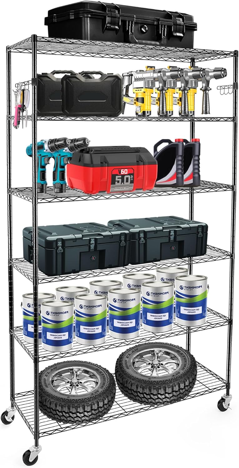 YNN Storage Shelves,2100Lbs 6 Tier Heavy Duty Metal Rolling Shelving Unit with Wheels & 8 Hooks, Adjustable Garage Wire Rack for Kitchen, Bathroom,Industrial,Pantry(36" W x 14" D x 72" H,Black)