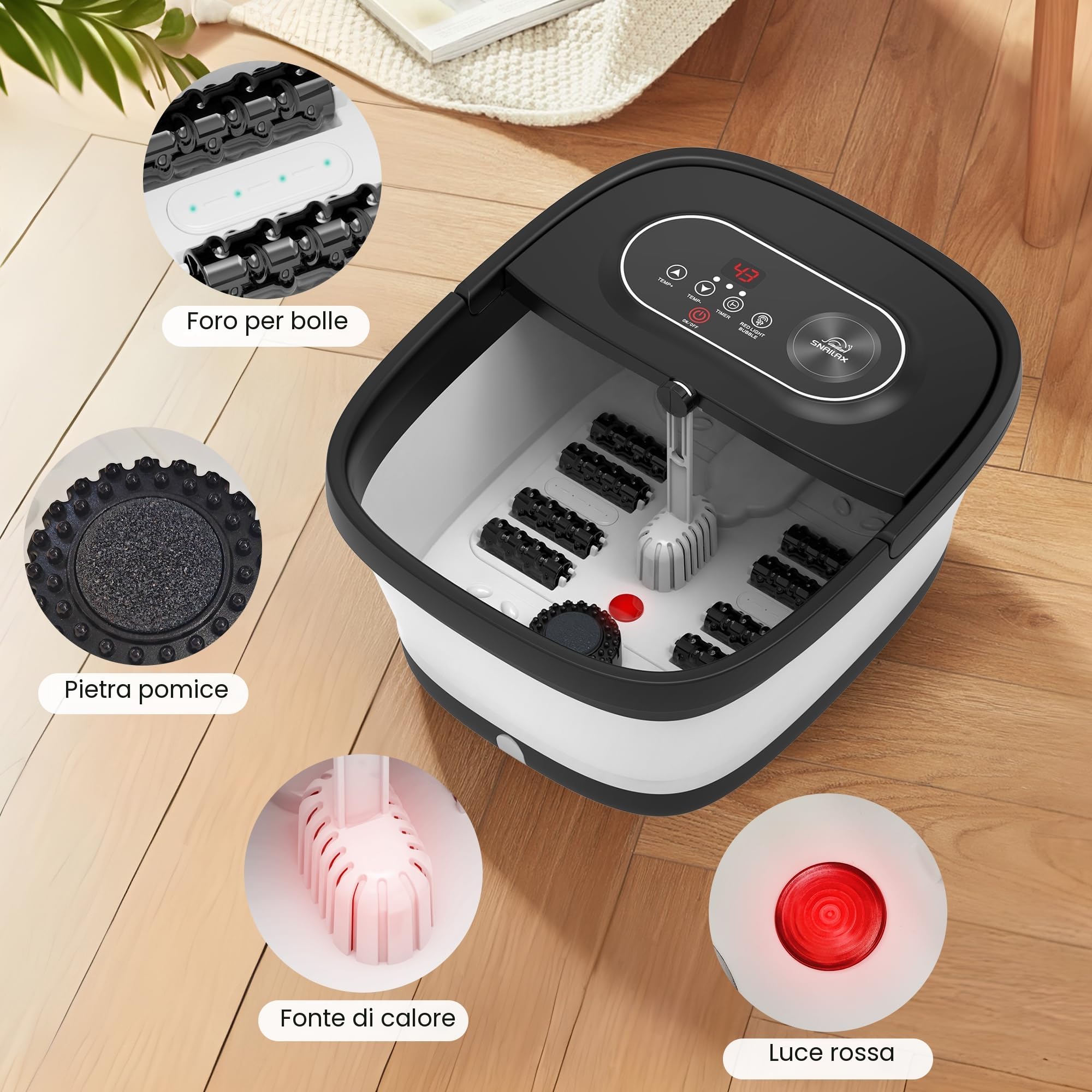 Snailax Pediluvio pieghevole con massaggio e riscaldamento, pediluvio con ruote shiatsu, 14 livelli di riscaldamento, bolle, luce rossa, timer, pedana elettrica 35℃-48℃, massaggiatore per piedi