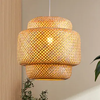 Bamboo Pendant Light - Boho Basket Chandelier Handmade Woven Rattan Hanging Light for Kitchen and Living Room