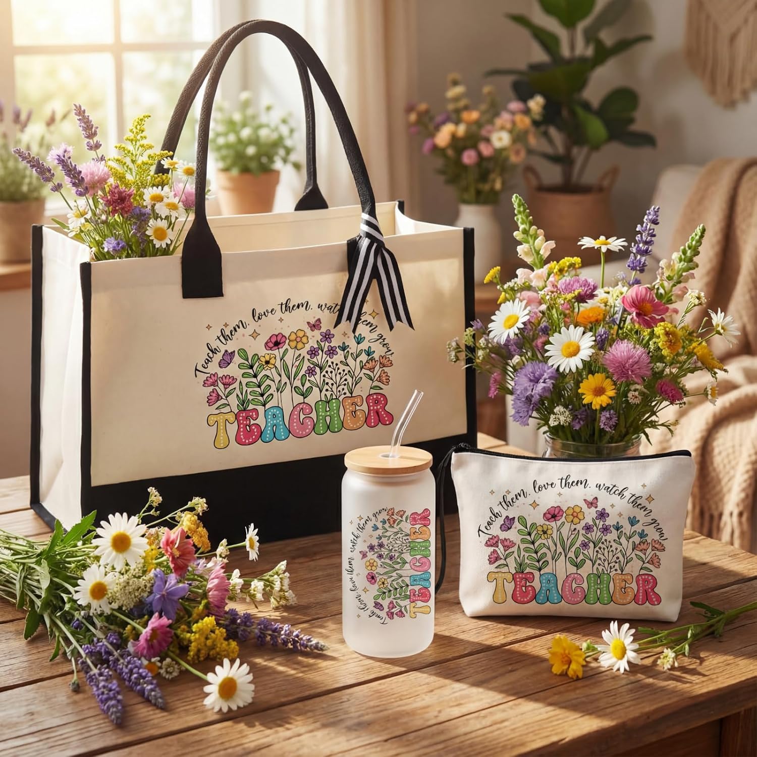 Sanwuta 6 Sets Teacher Tote Bag Gifts for Graduation Women Thank You End of Year Teacher Gifts Set Include Tote Bag, Makeup Pouch & 16oz Glass Cup for Employee Birthday Back to School Office Supplies