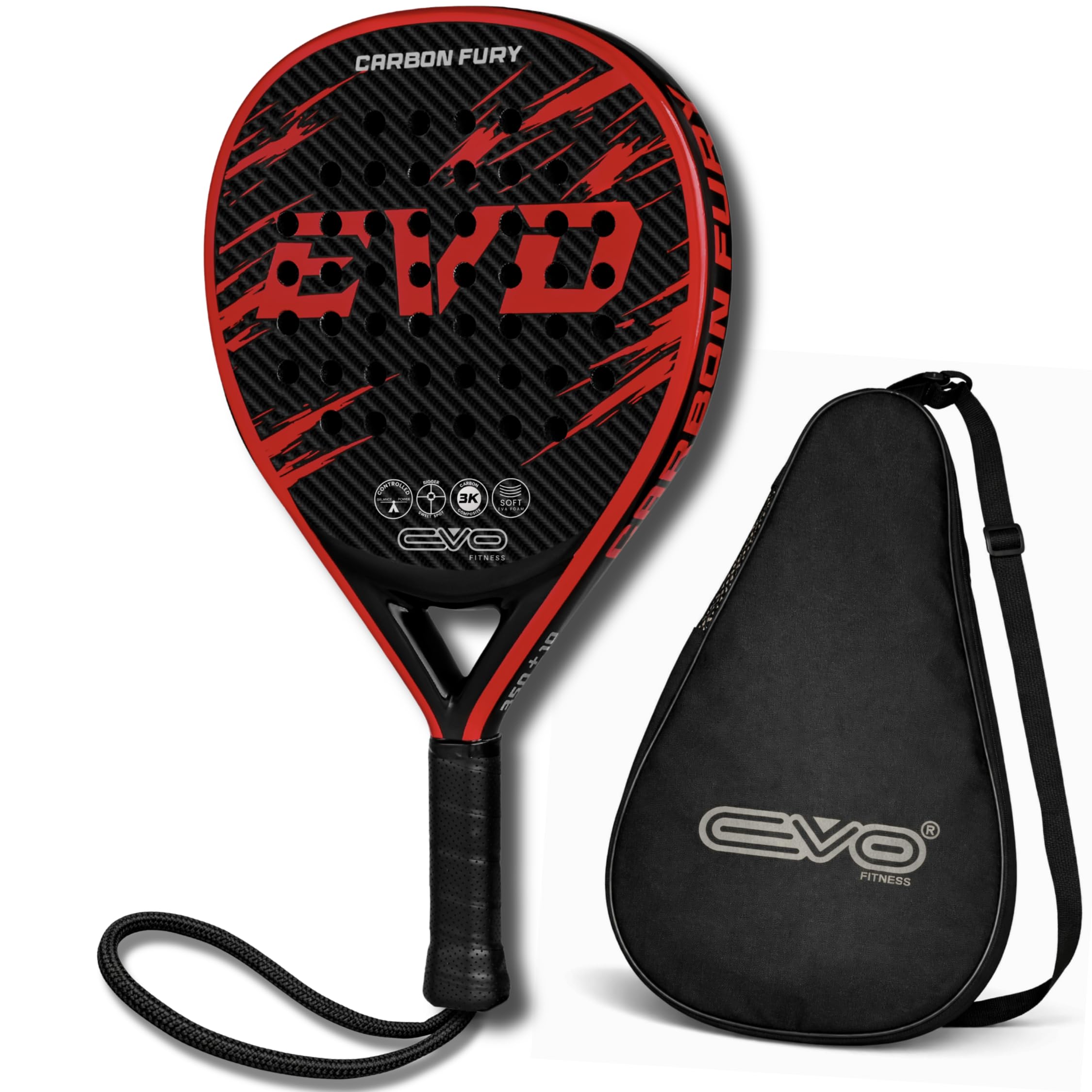 EVO Fitness Racchetta da padel in fibra di carbonio – Nucleo in schiuma EVA morbida per il massimo controllo – 350 g leggero racchetta da paddle per adulti – Extra Large 525 cm² superficie della testa