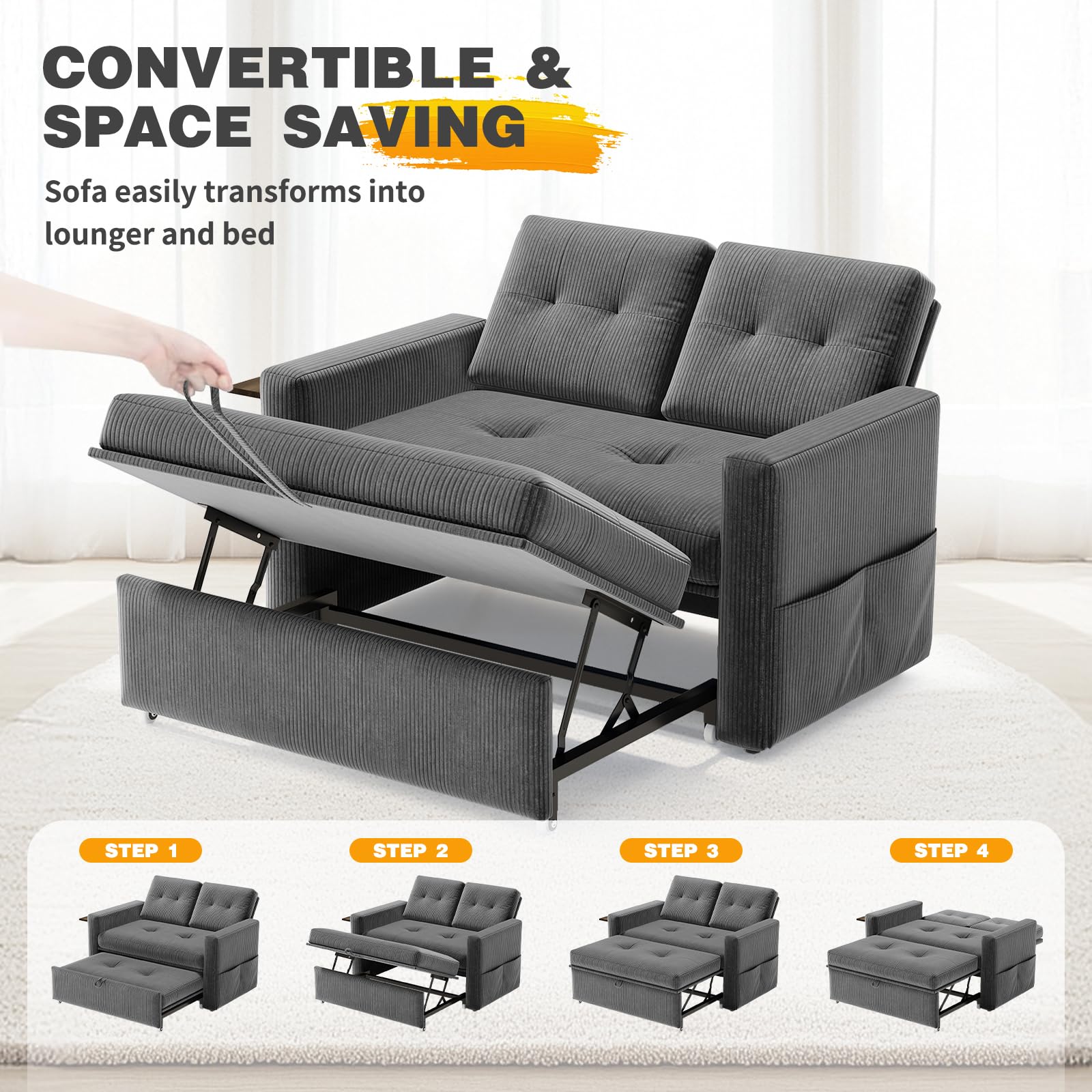 YOUDENOVA Divano letto 3-in-1, Poltrona letto con funzione salotto, Divano relax con schienale regolabile a 5 posizioni, Divano a 2 posti letto con tavolo e tasche laterali, Coste Grigio