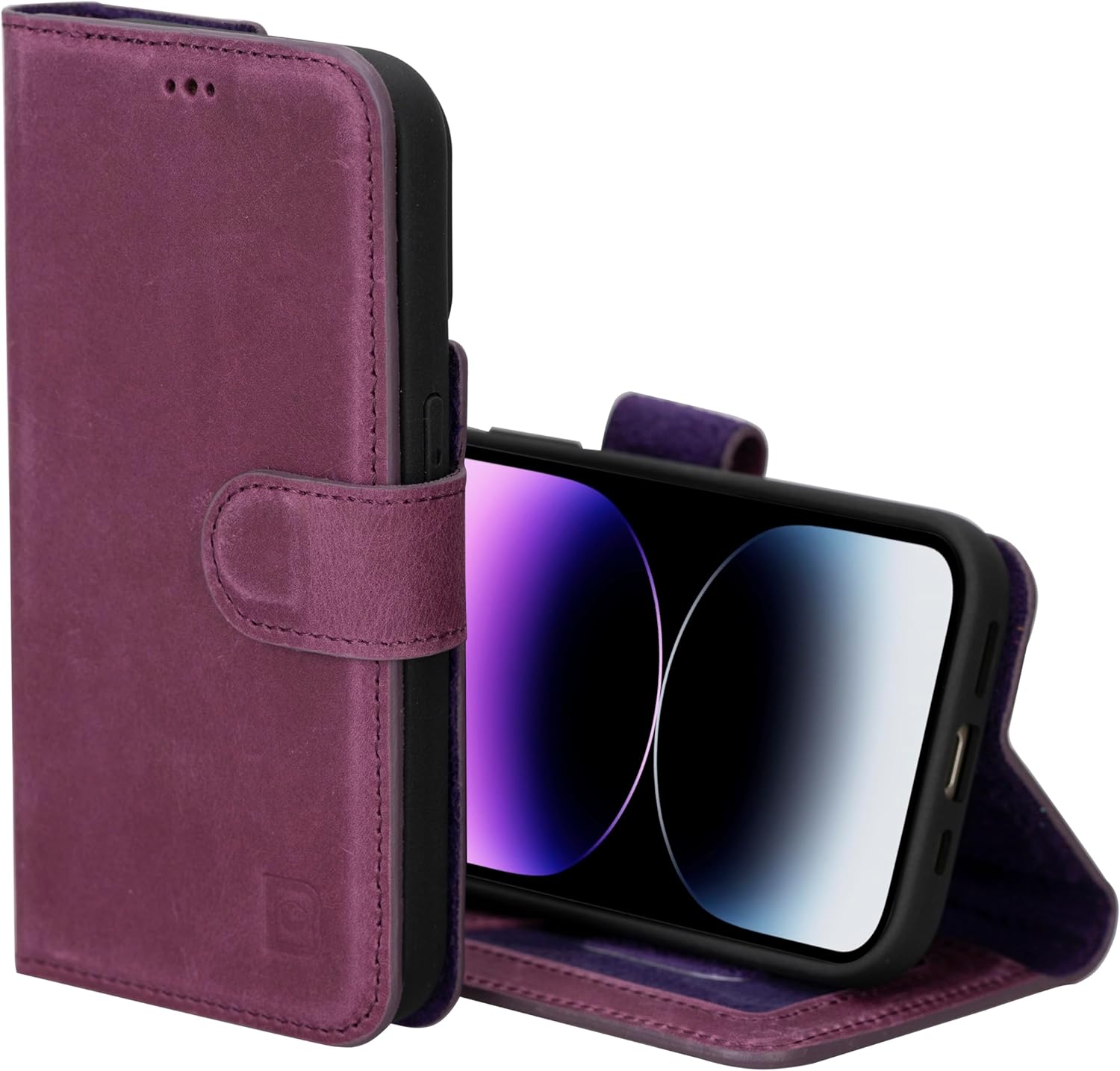 BOULETTA for iPhone 15 Case Magsafe Compatible Full Grain Leather, Magnetic Detachable Folio Phone Wallet Case (2 in 1) - 4 Card Holders with RFID Blocking 6.1 inch, Purple