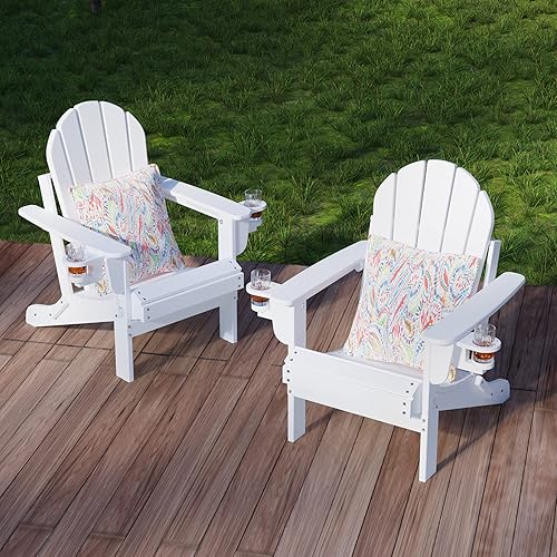 Miniatura 5 de Sundale Outdoor Silla Adirondack plegable de plástico para todo tipo de clima con 2 portavasos ocultos y 1 elegante cojínalmohada, perfecta para