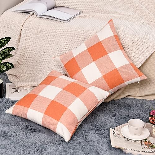 Miniatura 5 de Tosewever Juego de 2 fundas de almohada rústicas de otoño a cuadros de búfalo, fundas de almohada de lino y algodón para decoración del hogar,