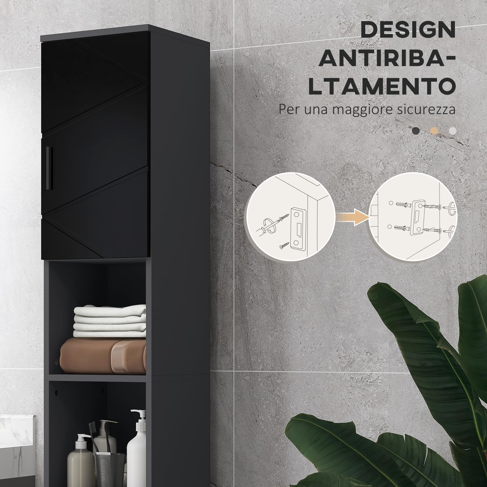 kleankin Colonna Bagno in Truciolato con 2 Ripiani Aperti e 2 Armadietti a 2 Livelli Regolabili, 30x30x183 cm, Nero e Grigio Scuro