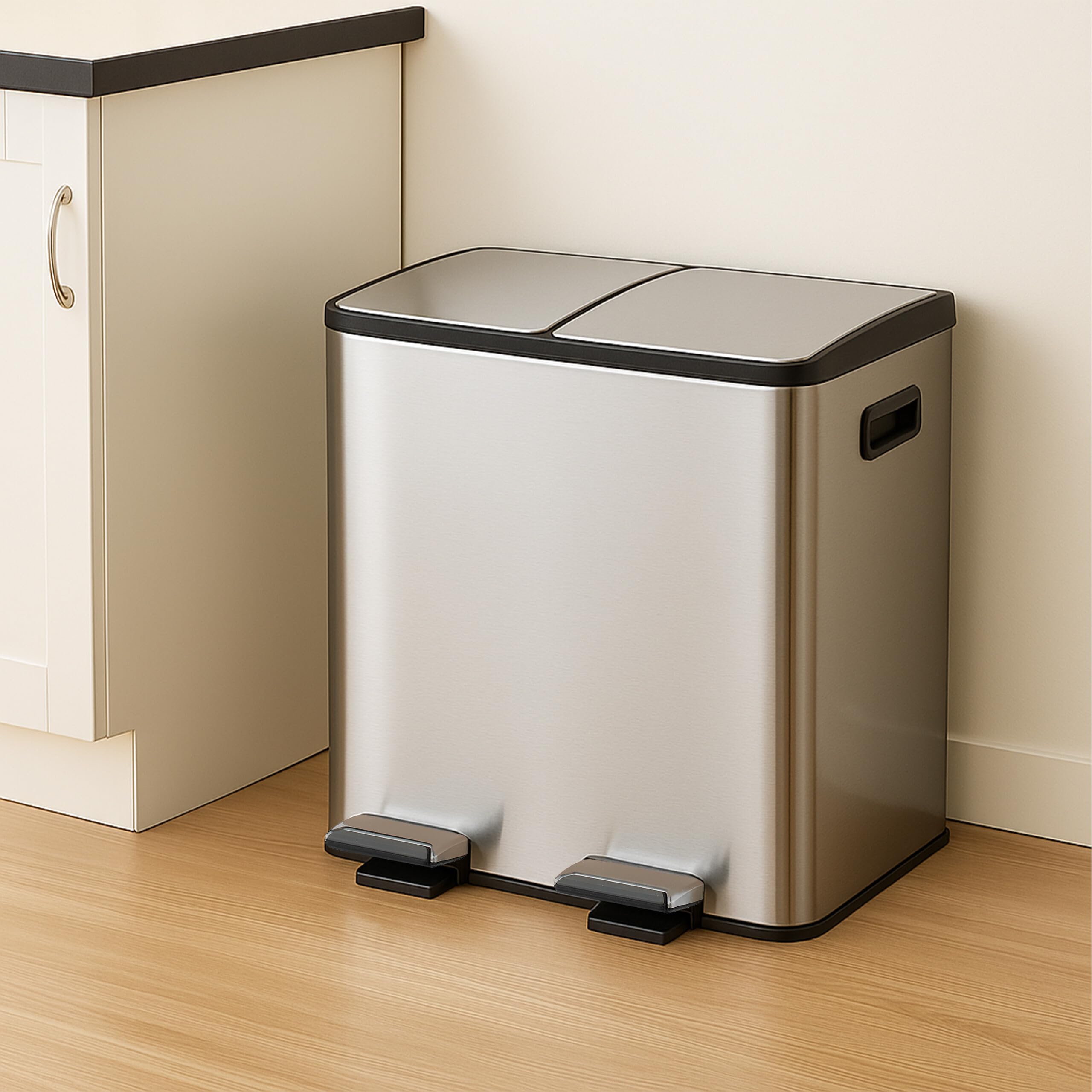 Relaxdays Pattumiera a Pedale da Cucina, 2 Scomparti 15 L Raccolta Carta e Plastica, Coperchio Silenziosa, Argentato