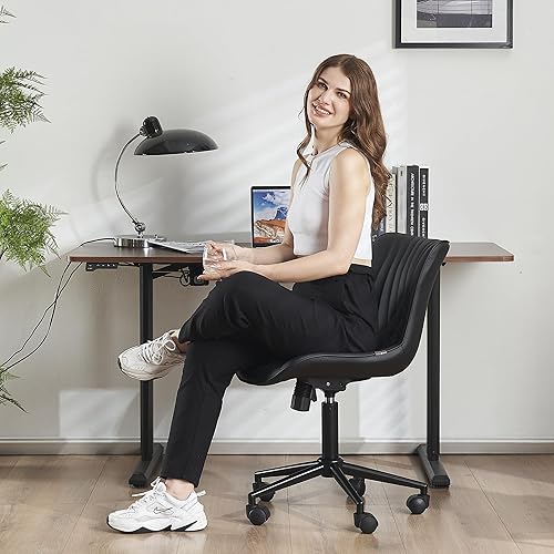 Miniatura 34 de YOUTASTE Silla de oficina marrón, moderna silla de escritorio sin brazos con respaldo, silla giratoria ajustable de piel sintética con ruedas, base