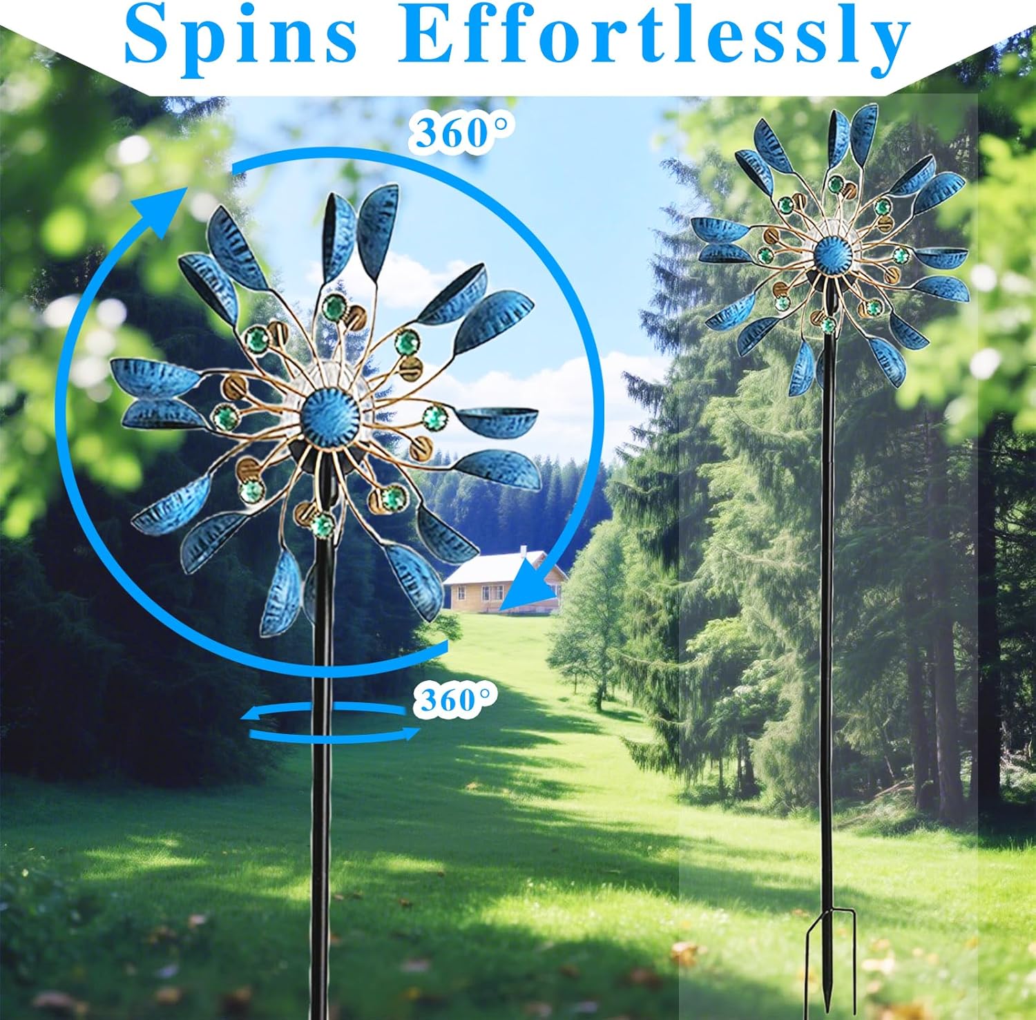 NUENUN Wind Spinner Outdoor Metal - Multi-Color Seasonal LED Lighting Solar Powered Glass Ball with Kinetic Wind Spinner Dual Direction for Patio Lawn & Garden (Blue with Light)