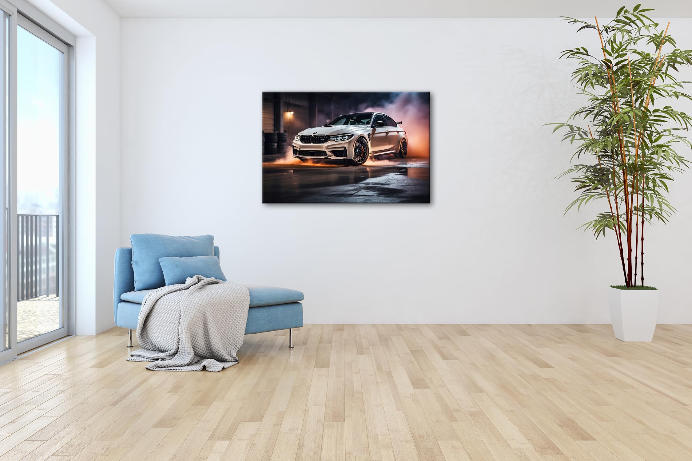 deyoli Leinwandbild Rauch und Power – ein BMW entfesselt pure Drift-Energie. Format: 80x60cm XXL Kunstdruck Bild auf Keilrahmen/Wandbild/Wohnzimmer Dekoration
