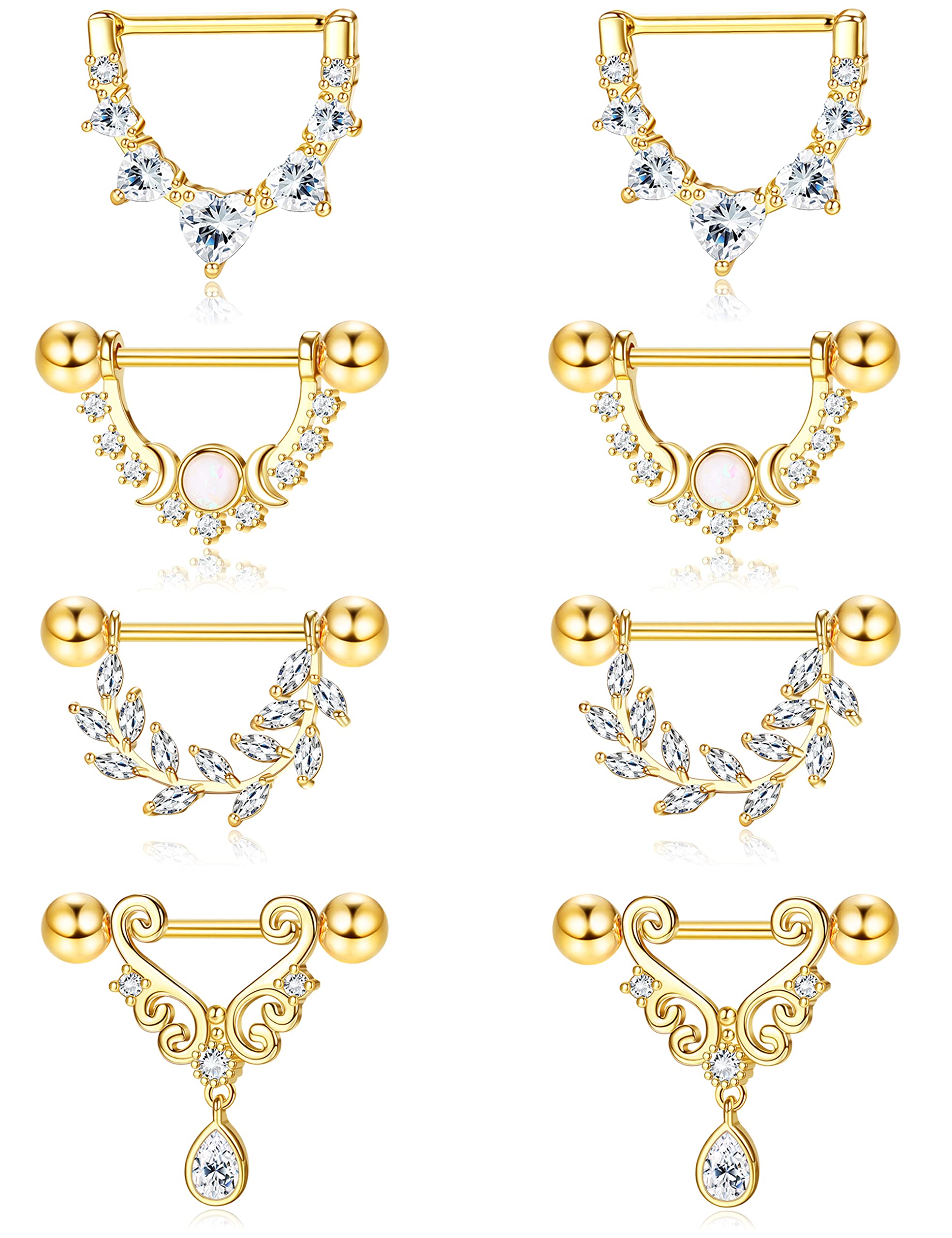 Kakonia 4 Paar 14G Nippelpiercing für Damen 316L Edelstahl Teardrop Heart Moon Star Opal Leaf CZ Barbell Brustwarzenpiercing Set Süße Nipple Piercing