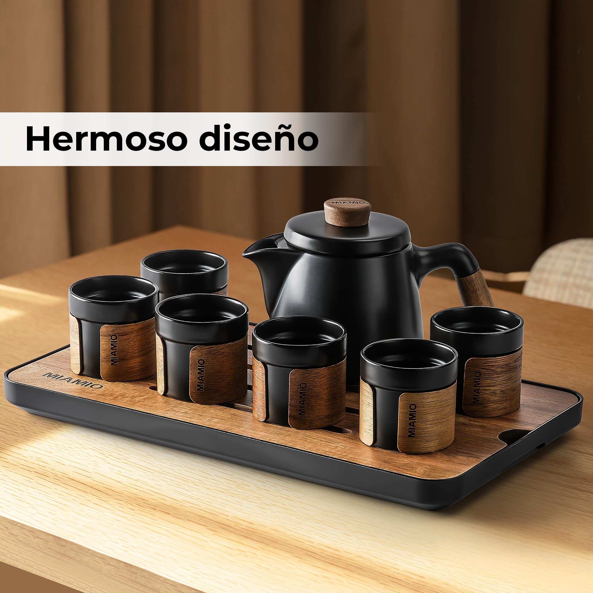 MIAMIO - Juego de té japonés/chino 6 x 100 ml/Tetera asiática de 620 ml con infusor para té, Juego de tazas para té tradicional japonés para amantes del té/hombres/mujeres (Negro)