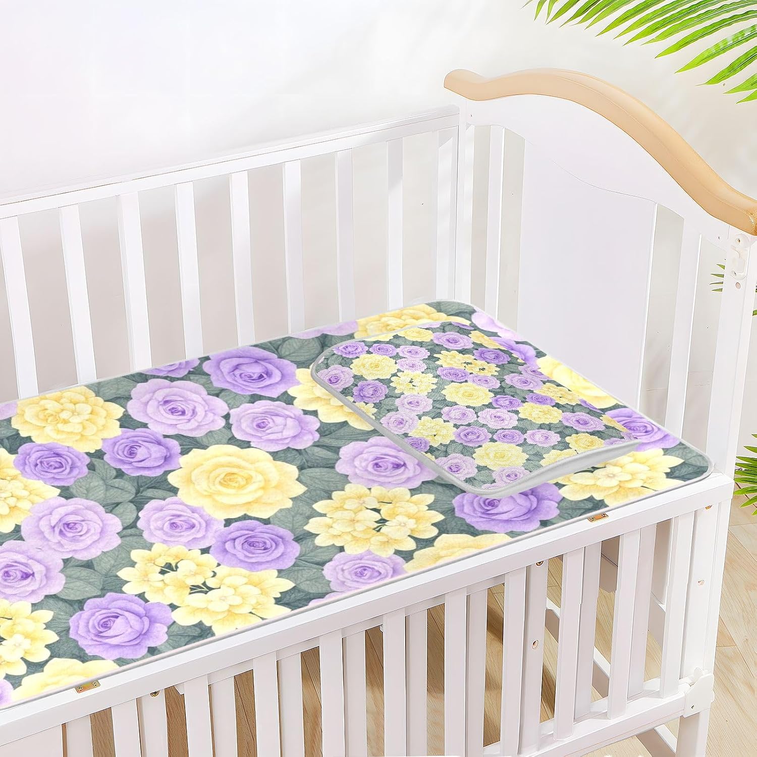 Yellow Purple Rose Hydrangea Cooling Baby Crib Mattress Cover 28" x 52" Washable Pads Washable for Baby&Toddler