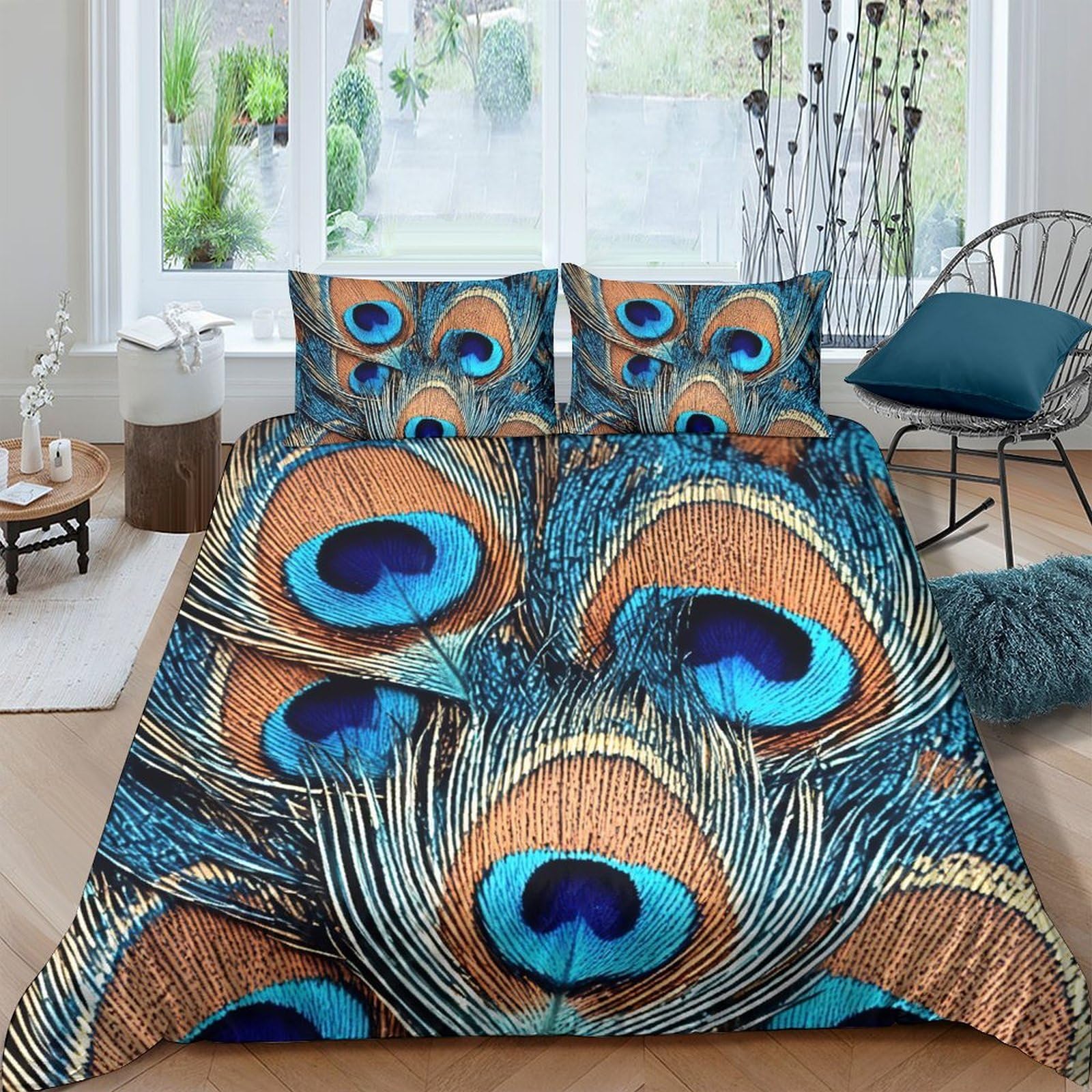 Ctjqhvkz Style-10 3D Printed Peacock Feather Fitted Sheet Microfiber Soft Decorative Blue Brown Bed Cover For Bedroom Guest Room Teen Dorm Single（135X200cm）