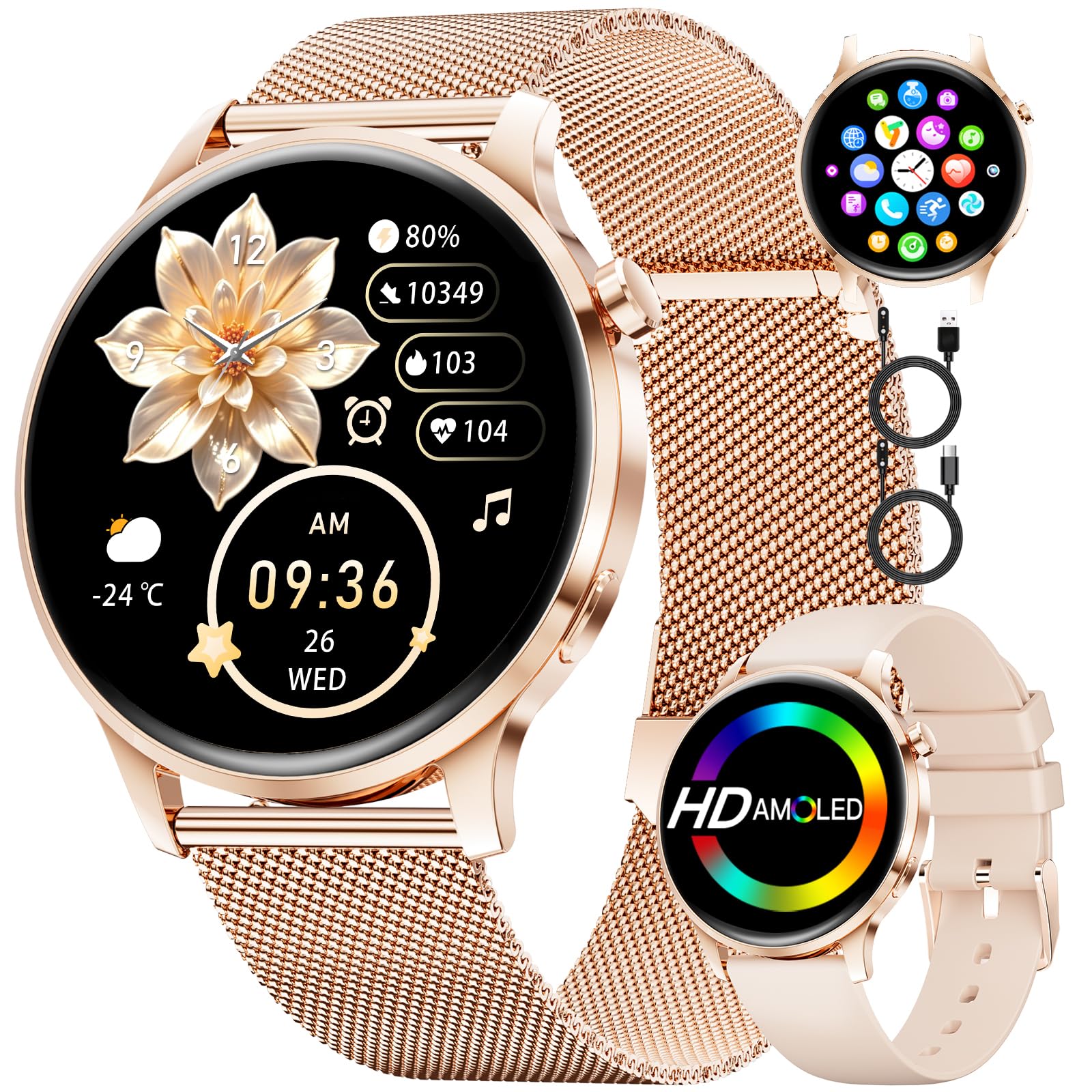 Montre Connectée Femme Smartwatch Sport: 1.32" AMOLED Smartwatch avec Appel Bluetooth, Elégante Montre Femmes pour iOS Android, 110 Modes Sportifs, Santé Au Féminin/Fréquence Cardiaque/Sommeil, IP68