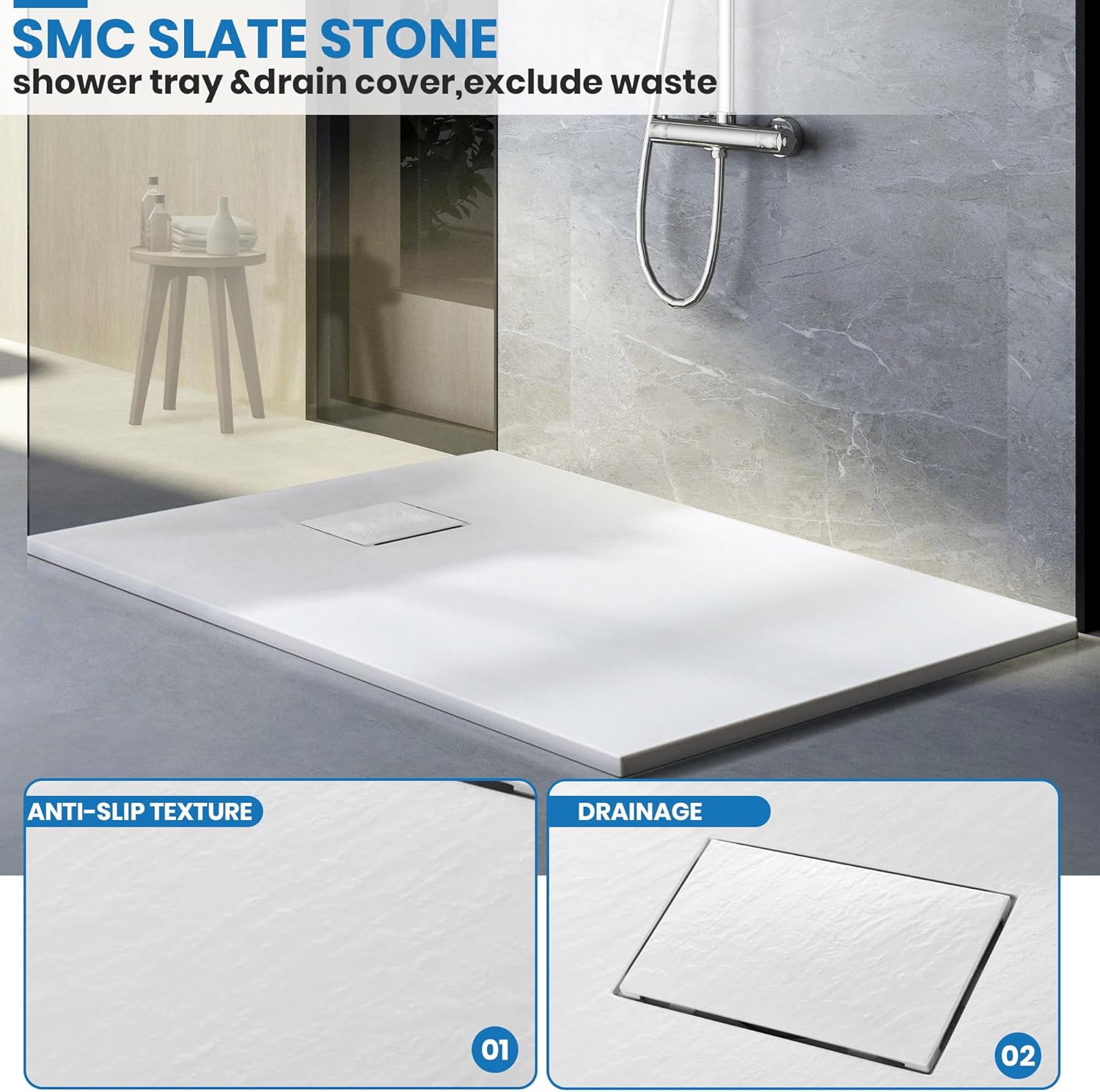 Shower Base with Left Drain Cover, Non-slip Shower Pan 60"L×36“W, Black SMC Shower Tray For Bathroom Assembly, Solid Surface Shower Base