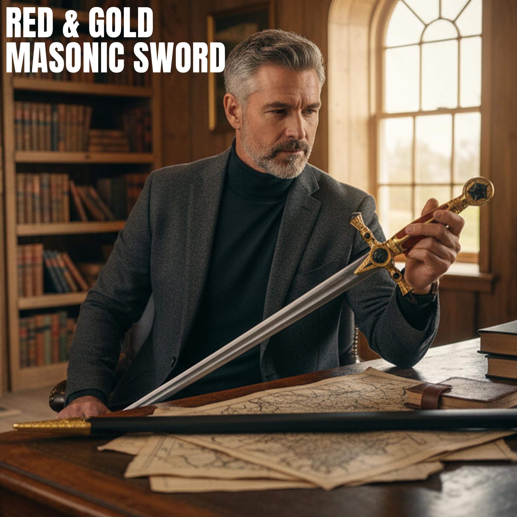 SZCO 33 Red & Gold Masonic Sword Freemason Collectible Decorative Sword with Mirror Blade & Scabbard for Adults Cosplay Costume & Display product thumbnail 4