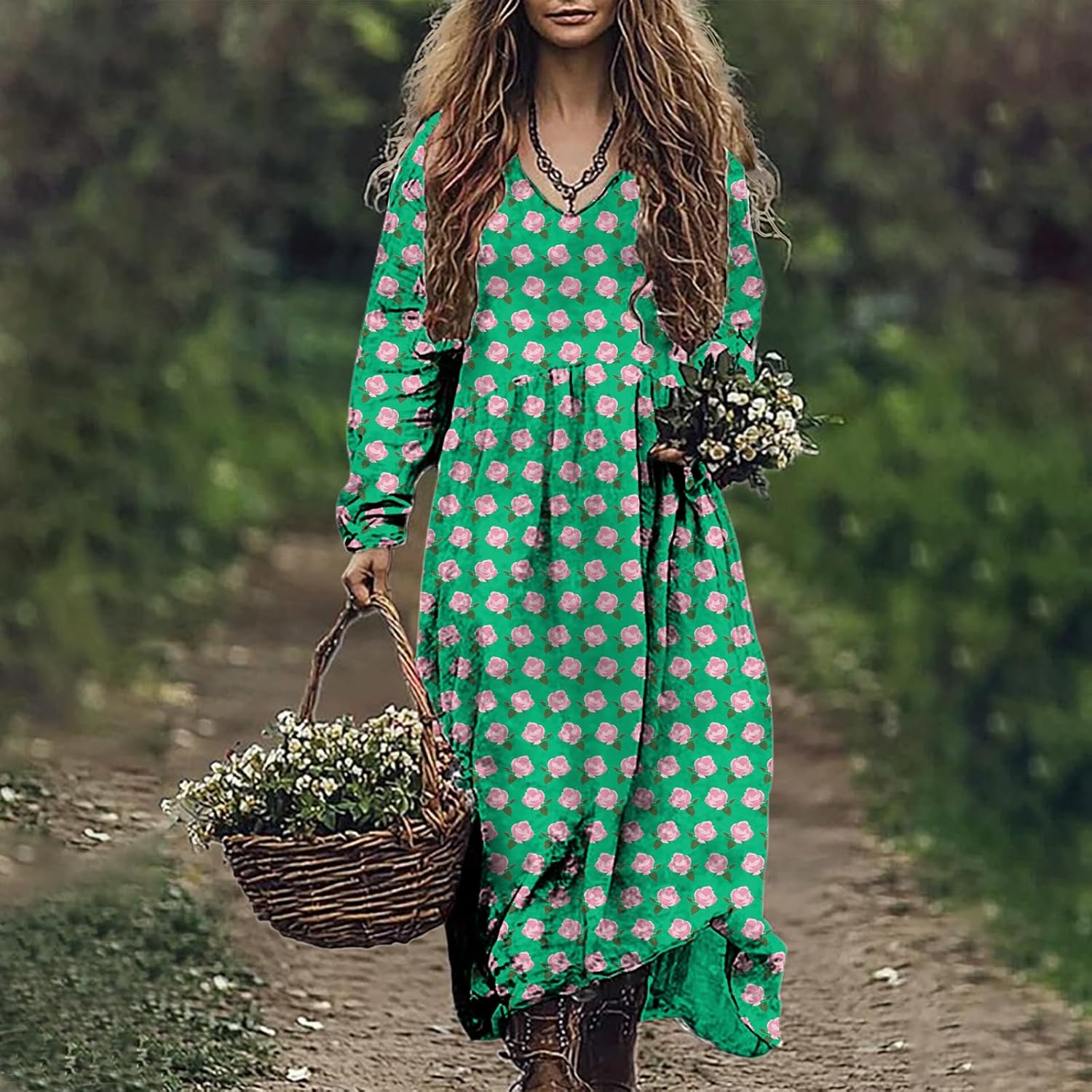 Vintage Tshirt Dress for Women 2025 Spring Boho Crewneck Long Sleeve Empire Waist Casual Western Midi Dresses - Image 2