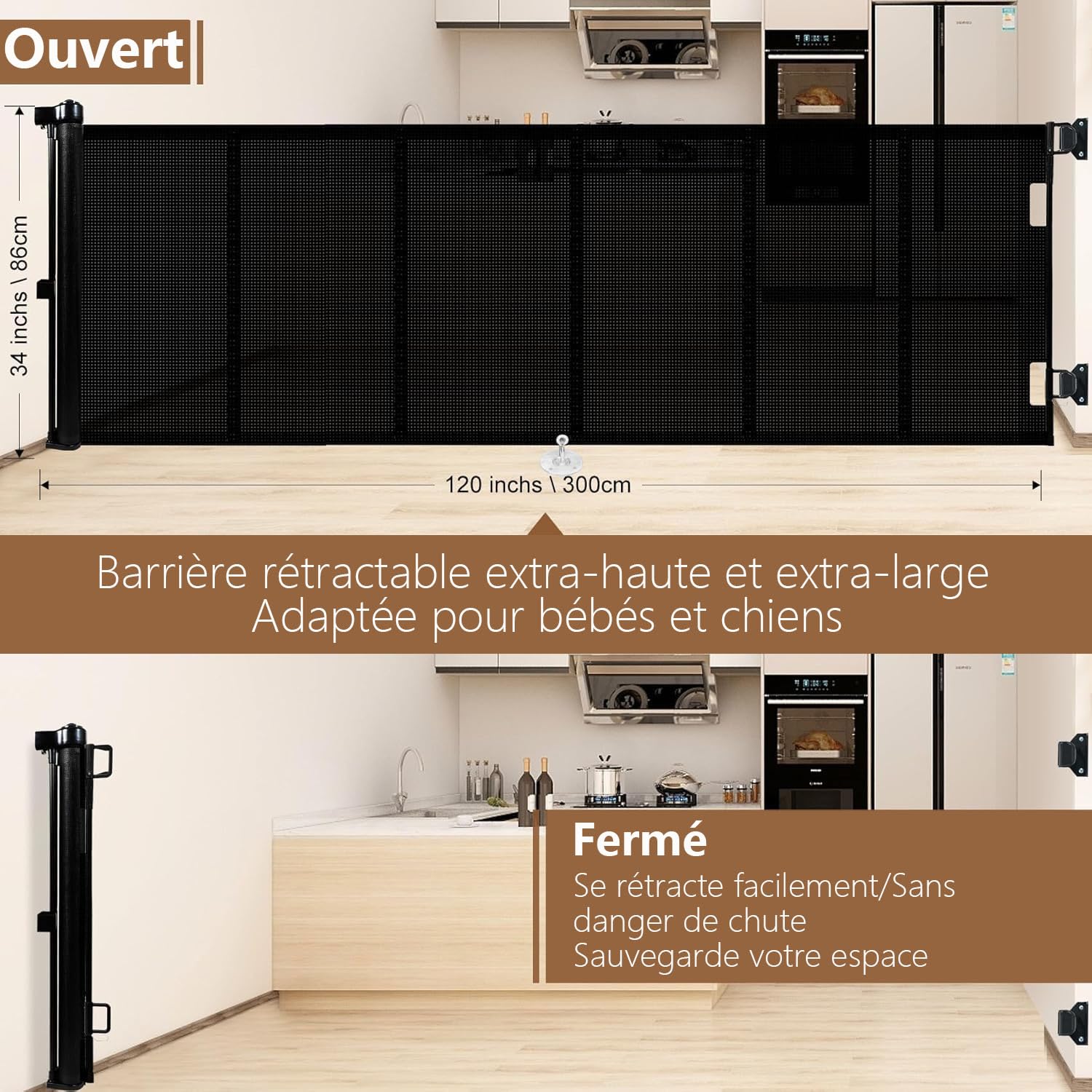 Barrière de Sécurité pour Enfant et Chien, 1.5M/3M/5M, Renforcement en Fibre de Verre, Noir
