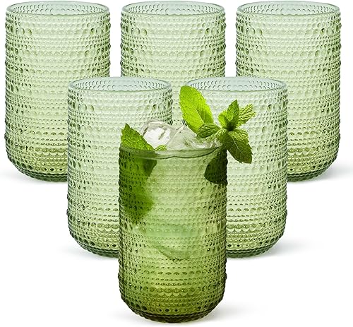 Hobnail - Juego de 6 vasos para beber, juego de cristalería vintage de 14 onzas, vaso de agua verde en relieve para cerveza, jugo, cóctel, whisky,