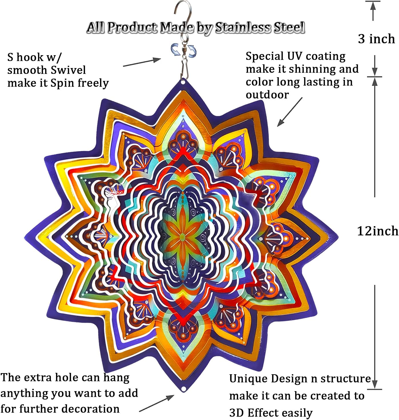 Fonmy Mandala Wind Spinner Lucky Star Worth Gift Indoor Outdoor Garden Decoration Crafts Ornaments 12 inch Multi Color Stainless Steel Wind Spinners