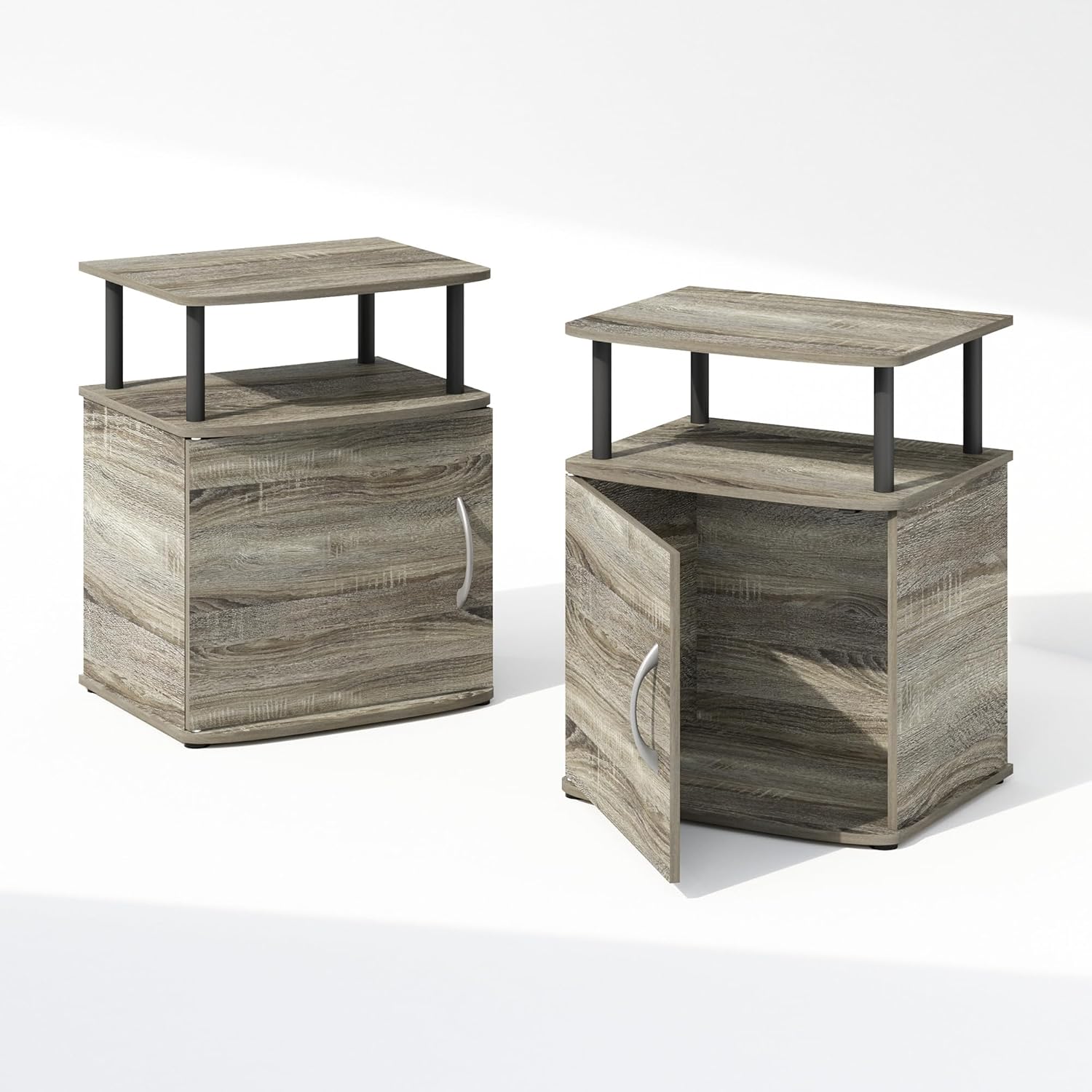 Furinno TIDUR Night Stand Set of 2, Nightstand with Open Shelf and Door Cabinet, Round Corner Bedside Table, End Table, Side Table, for Bedroom, Living Room, French Oak