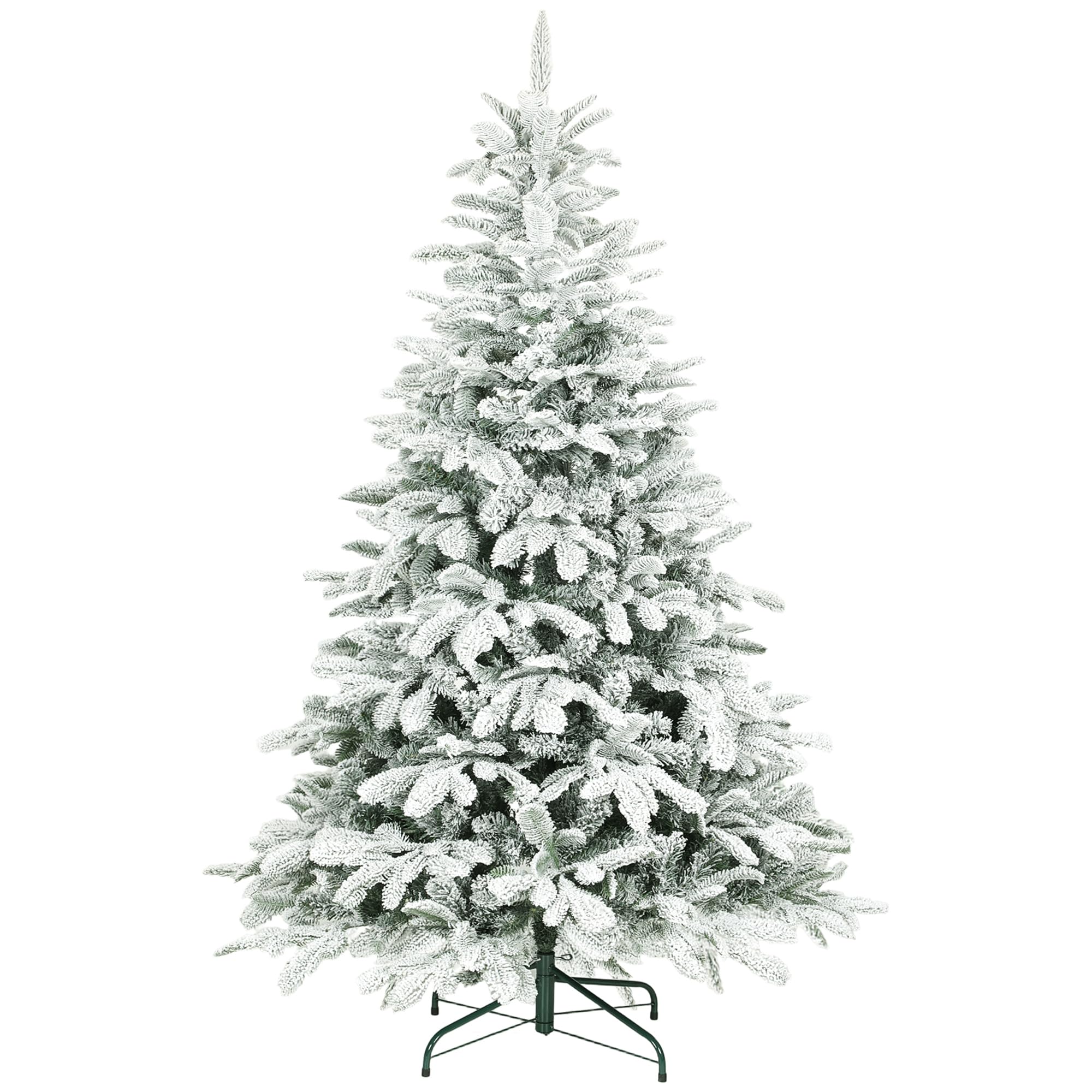 HOMCOM Artificial Flocked Christmas Tree - Hinged Branches - 6ft Tall - Green - Metal Base