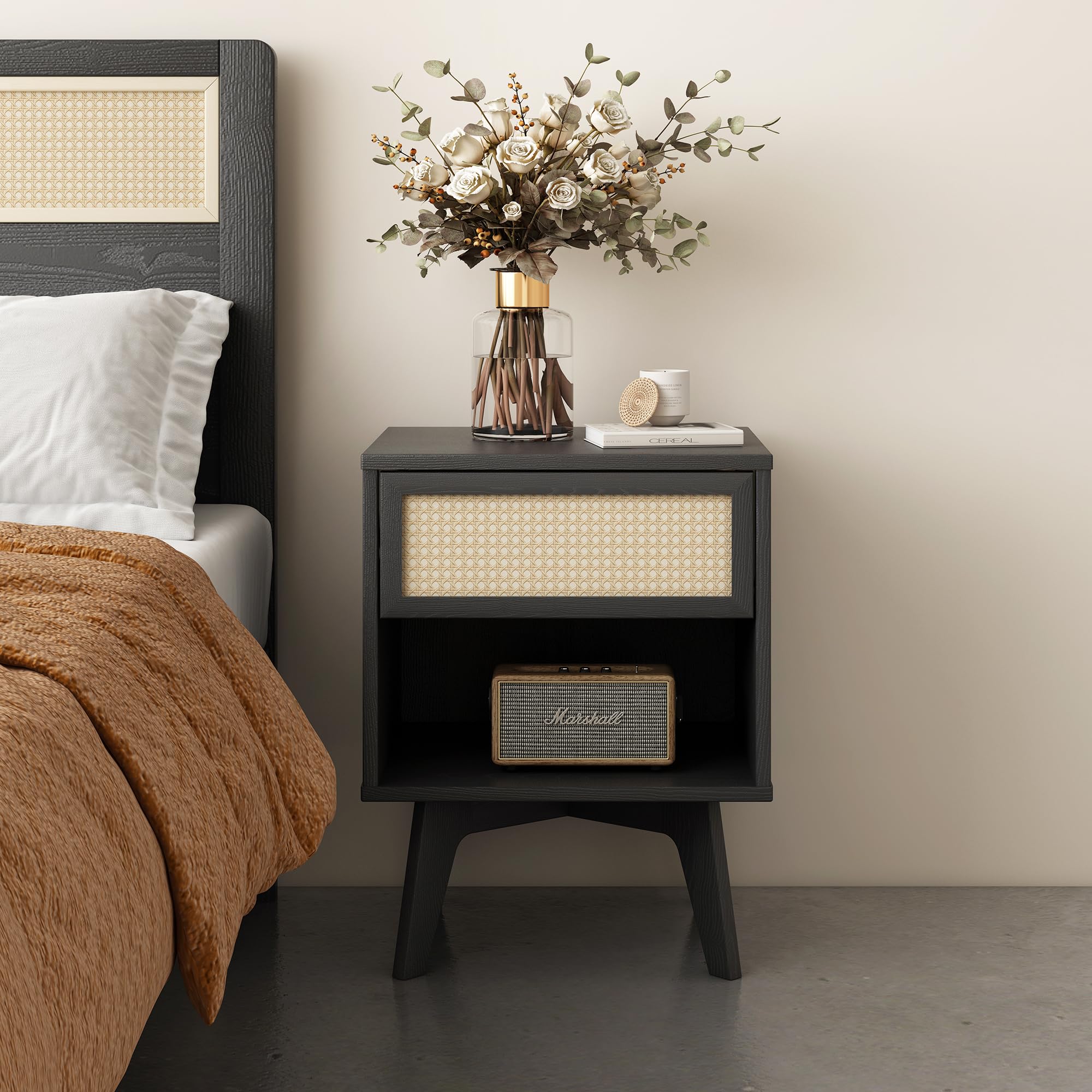 MUSEHOMEINC Nightstand, Boho Bedside Table with Rattan Drawer Open Shelf, Black Wooden Night Stand with Storage, Mid Century Modern End Table for Bedroom, Living Room,Dorm and Small Spaces